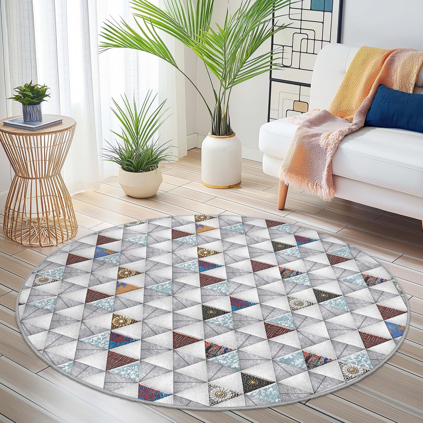 Geometric Triangle Pattern Round Area Rug, Modern Round Carpet, Stylish Circle Rug for Living Room, Bedroom, or Office Decor