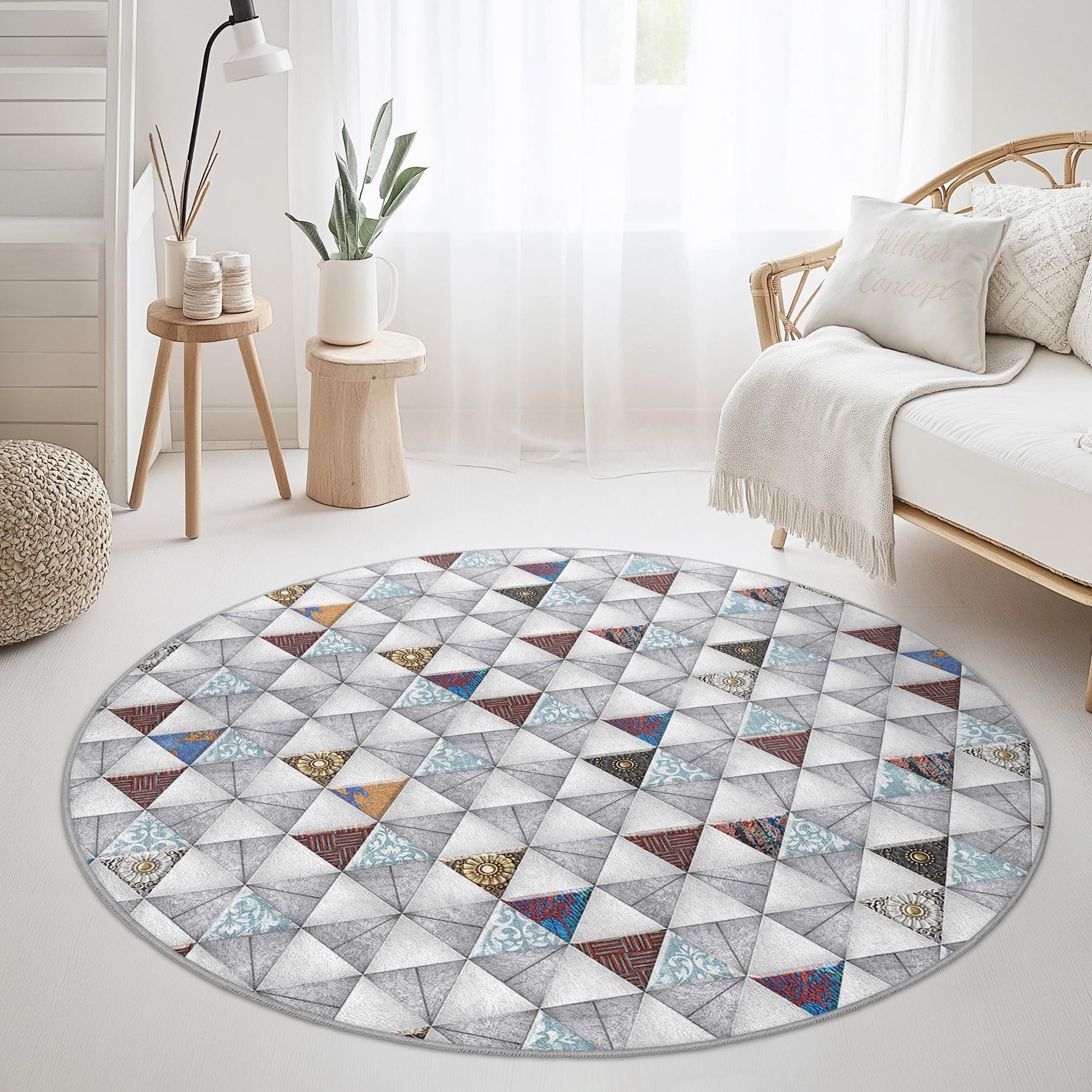 Geometric Triangle Pattern Round Area Rug, Modern Round Carpet, Stylish Circle Rug for Living Room, Bedroom, or Office Decor