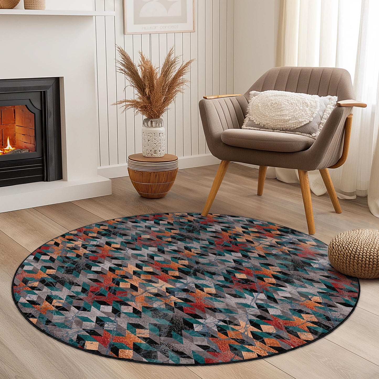 Geometric Pattern Round Area Rug, Modern Round Carpet for Living Room, Stylish Round Floor Mat, Unique Round Home Decor