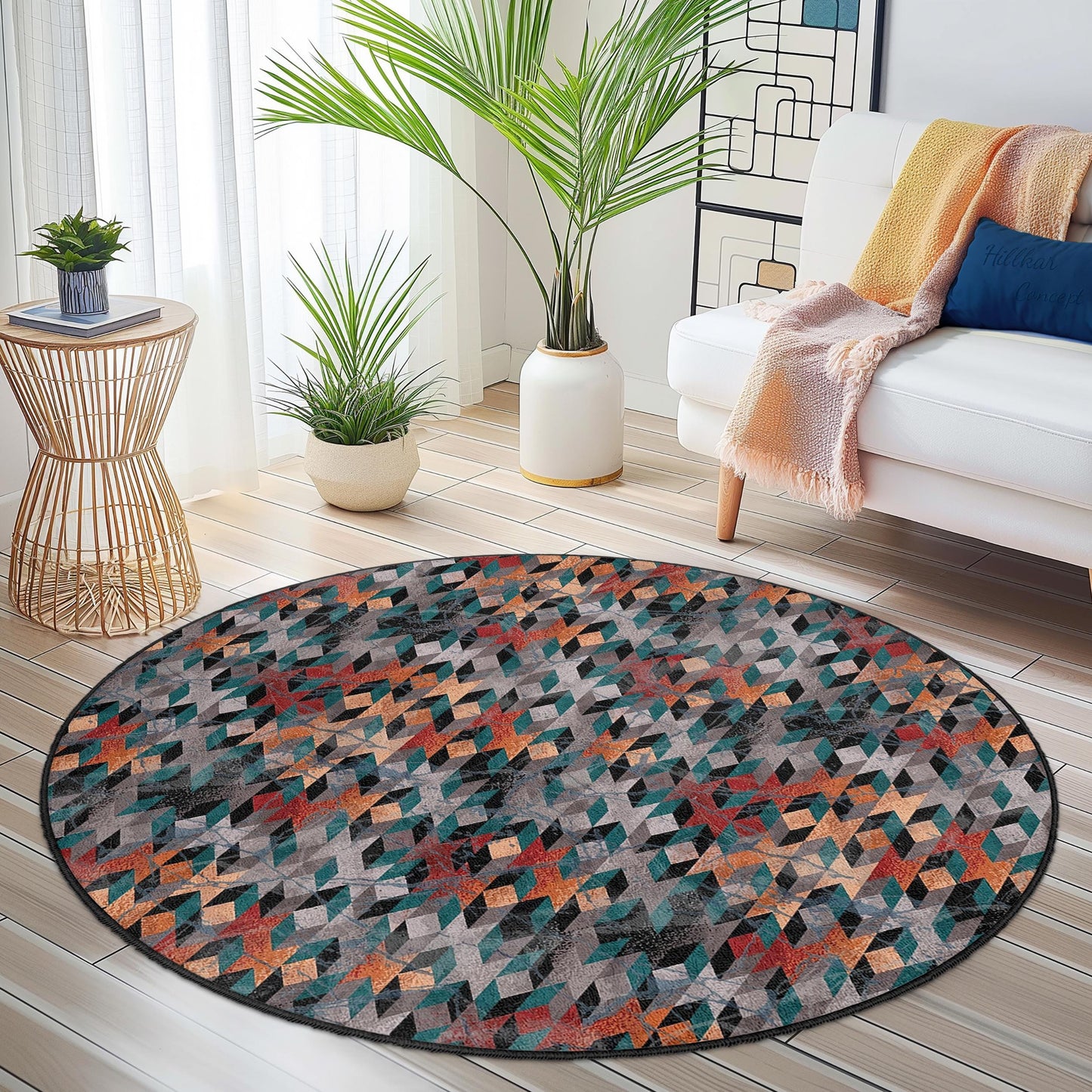 Geometric Pattern Round Area Rug, Modern Round Carpet for Living Room, Stylish Round Floor Mat, Unique Round Home Decor