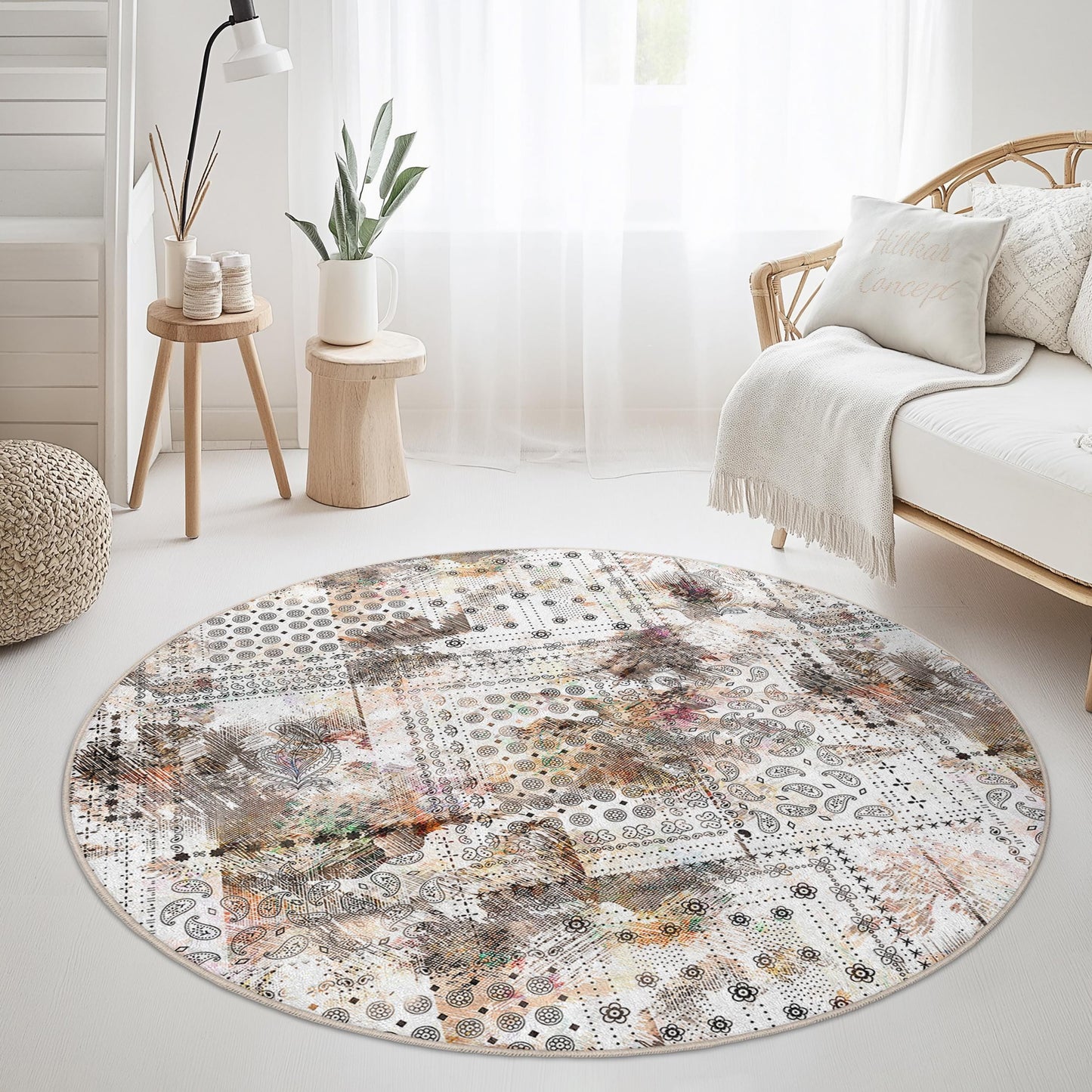 Floral Pattern Round Area Rug, Boho Chic Round Rug, Living Room Decor, Soft Floral Carpet for Home, Modern Round Rug for Any Room