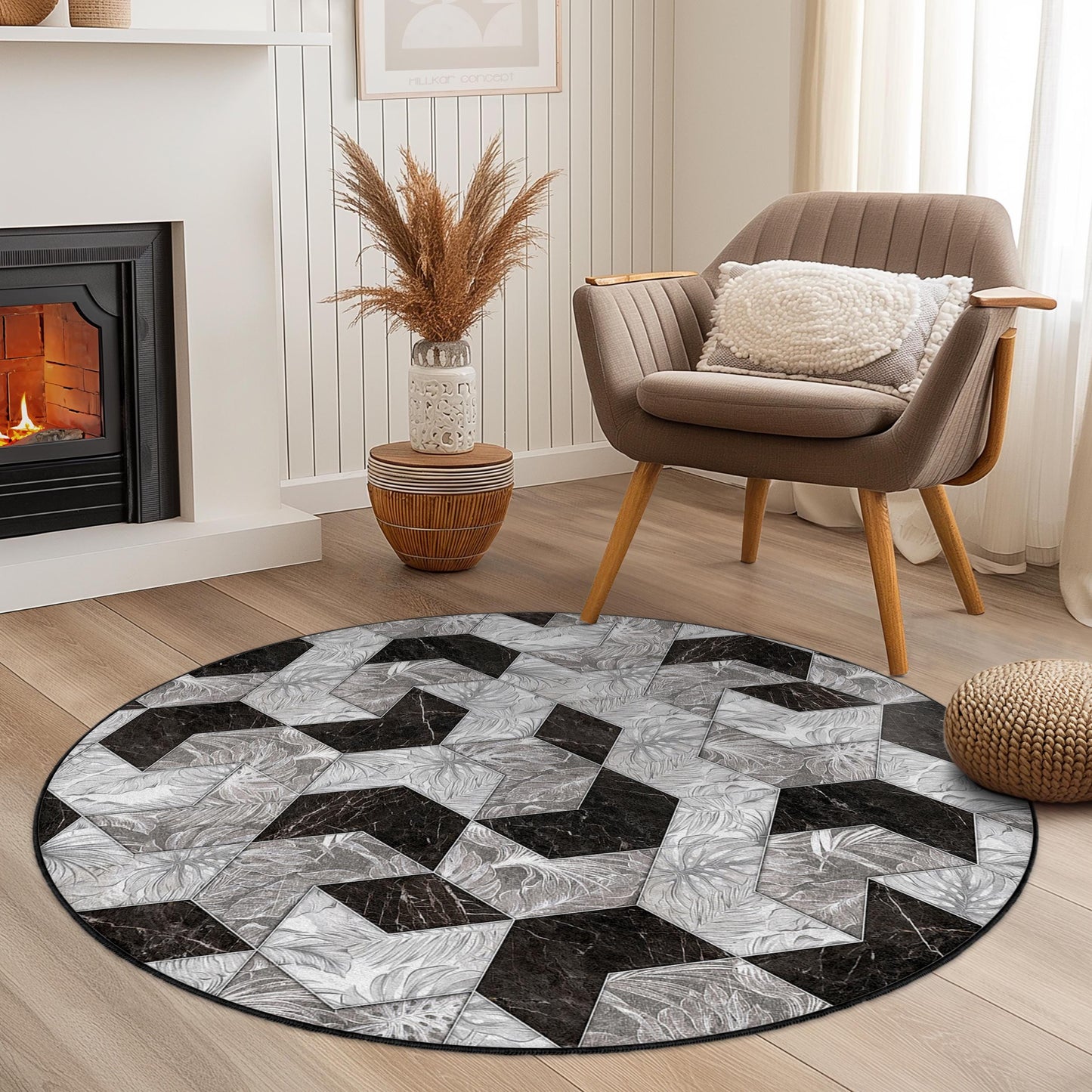 Geometric Pattern Round Area Rug, Modern Black and White Round Rug, Stylish Living Room Decor, Contemporary Round Carpet