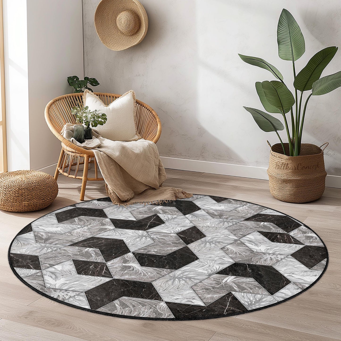 Geometric Pattern Round Area Rug, Modern Black and White Round Rug, Stylish Living Room Decor, Contemporary Round Carpet
