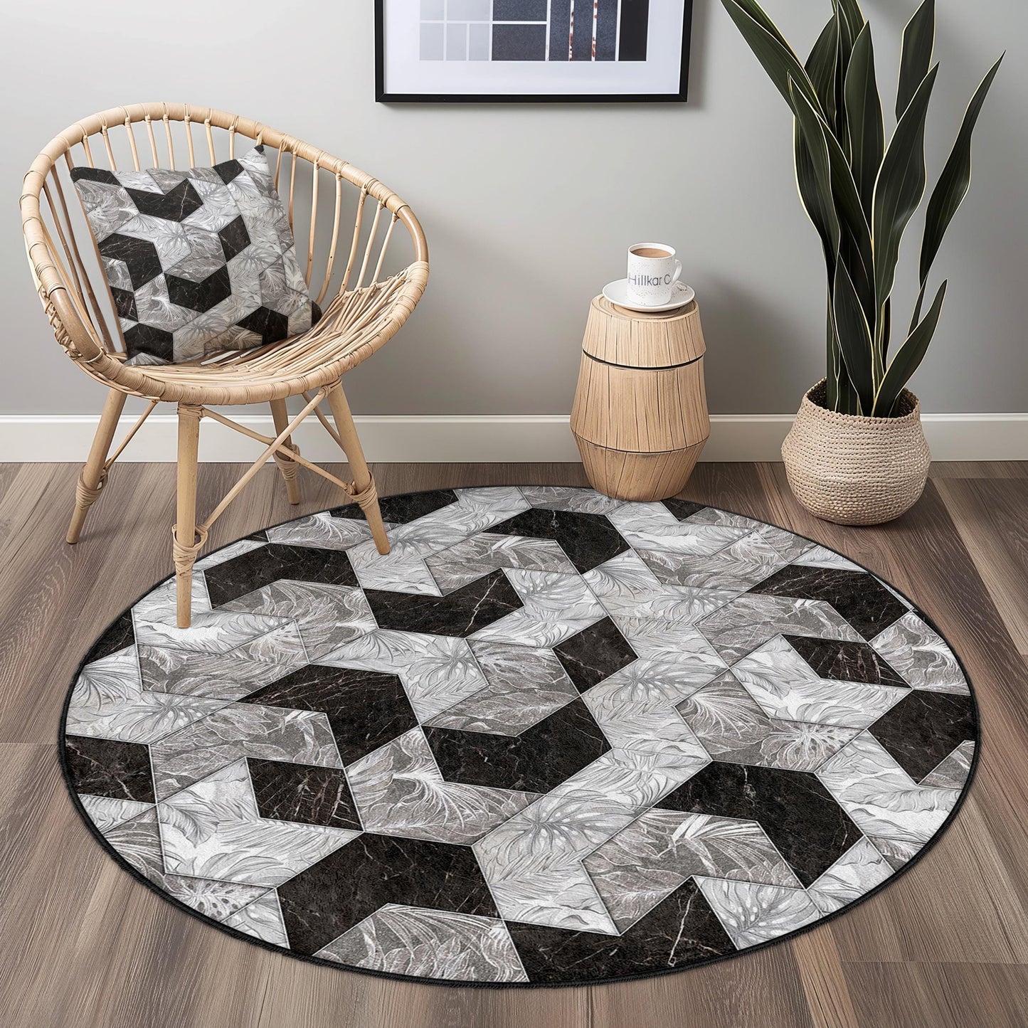 Geometric Pattern Round Area Rug, Modern Black and White Round Rug, Stylish Living Room Decor, Contemporary Round Carpet