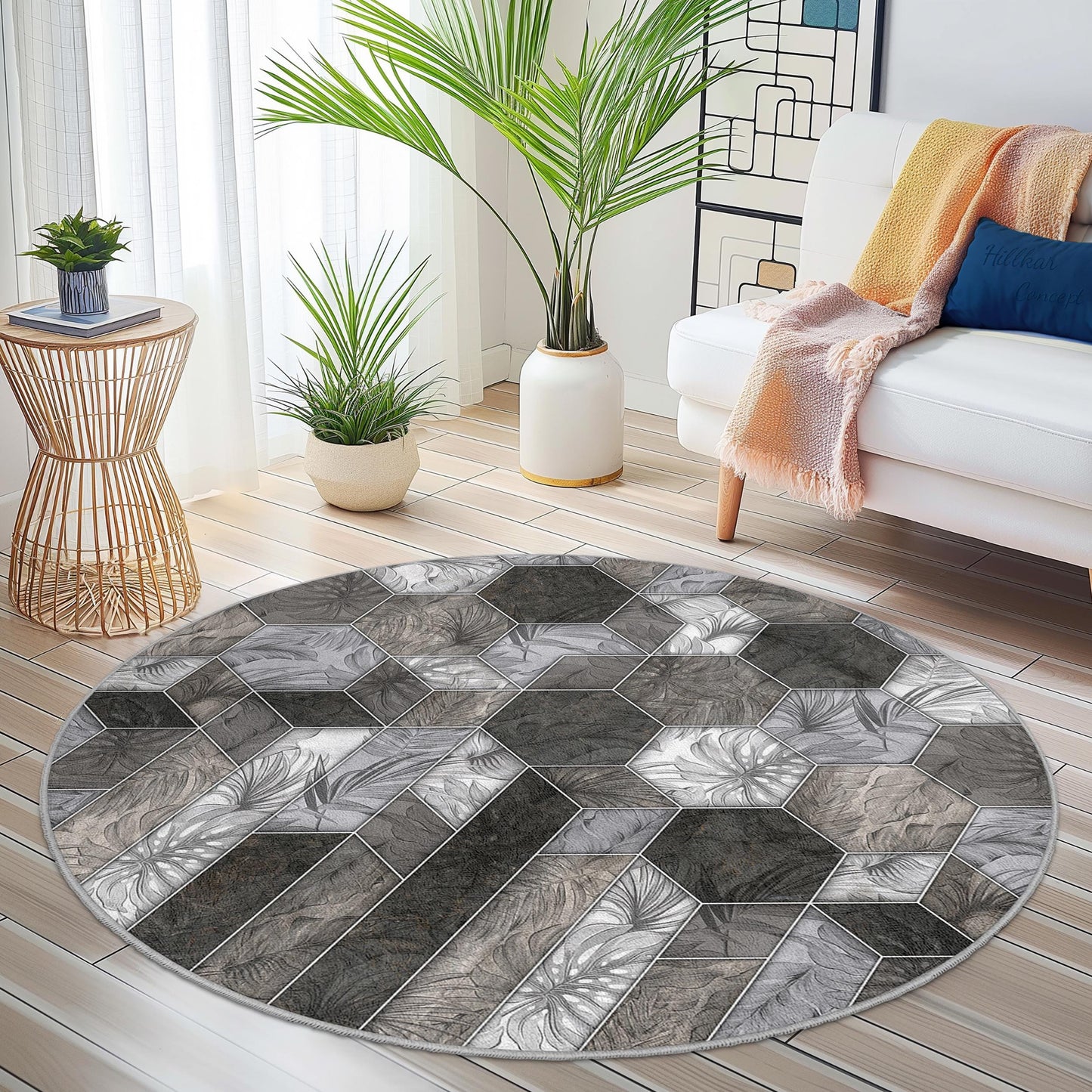 Elegant Round Geometric Pattern Area Rug, Modern Round Carpet for Living Room, Stylish Round Decorative Rug