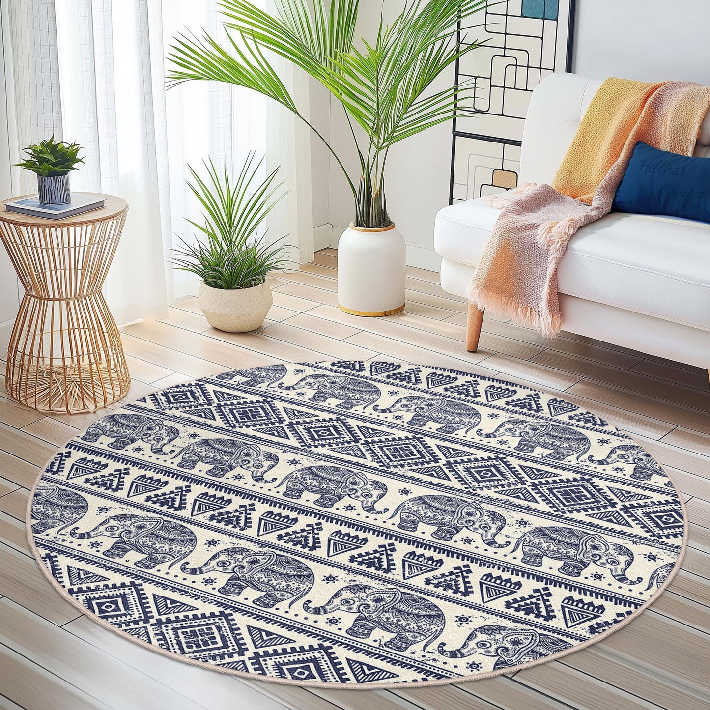 Navy Blue Elephant Pattern Round Area Rug, Bohemian Elephant Rug, Soft Round Carpet for Living Room, Nursery Decor, Tribal Style Rug