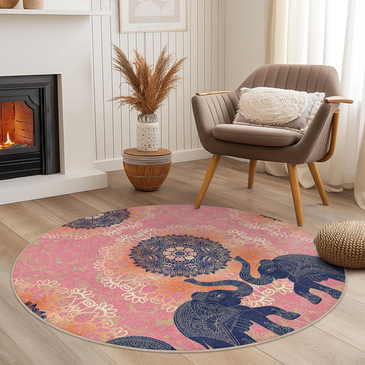 Elegant Elephant Mandala Round Area Rug, Bohemian Style Round Carpet, Pink and Navy Living Room Decor, Unique Round Rug for Home