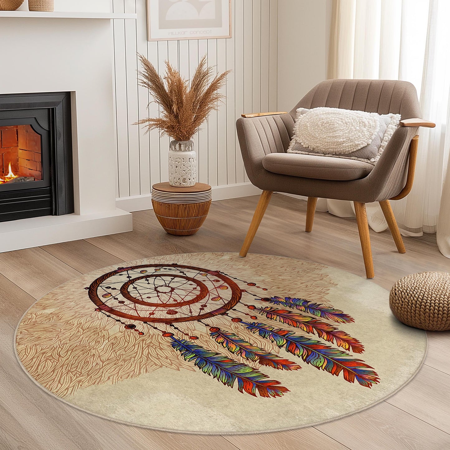 Bohemian Dreamcatcher Round Rug: Colorful Feather Floor Mat