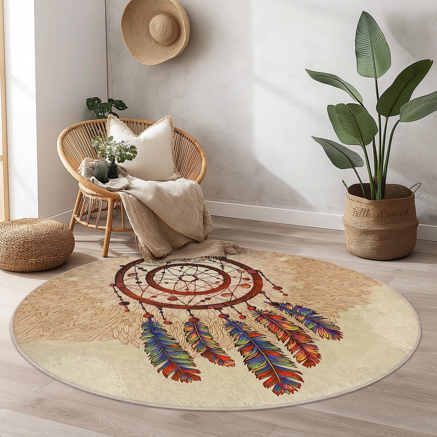 Bohemian Dreamcatcher Round Rug: Colorful Feather Floor Mat
