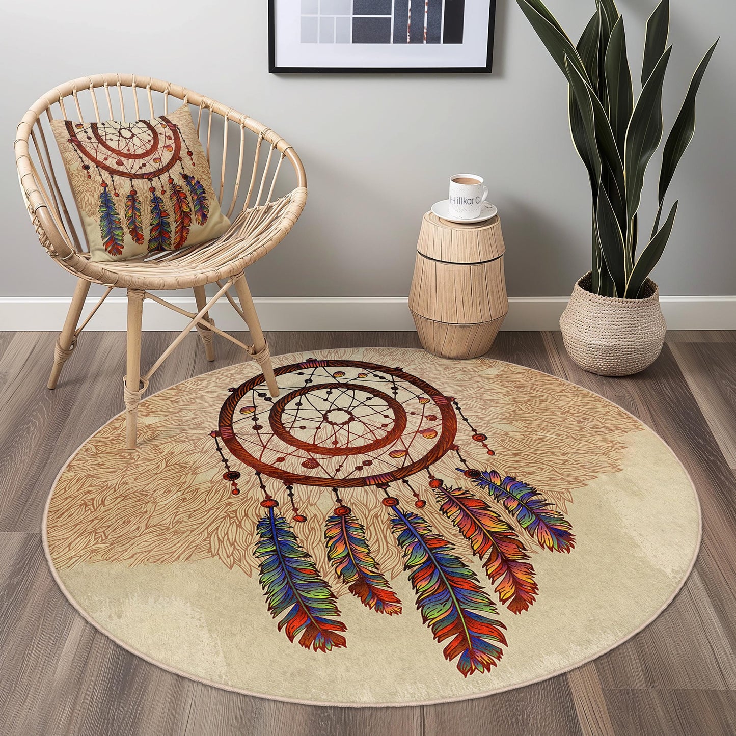 Bohemian Dreamcatcher Round Rug: Colorful Feather Floor Mat