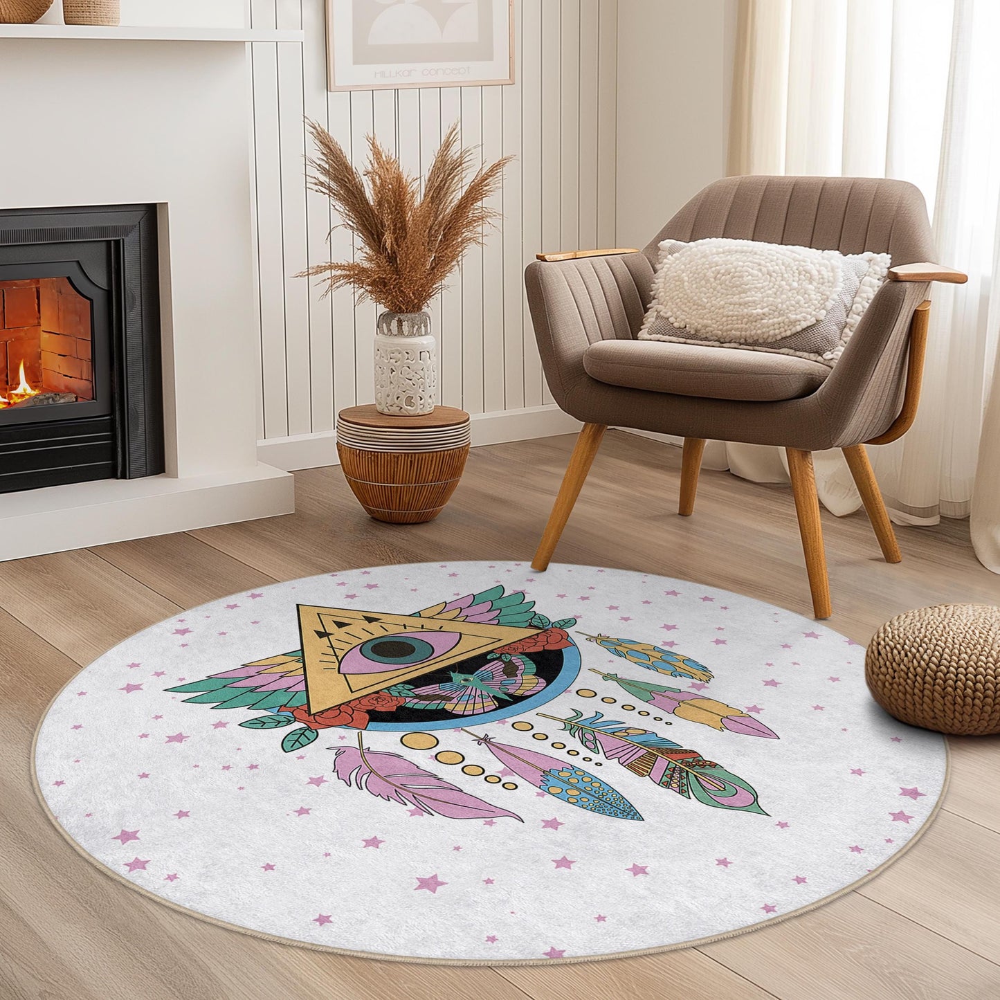 Dreamy Bohemian Round Area Rug, Eye and Feather Design, Round Living Room Rug, Boho Chic Decor, Unique Home Accent Rug