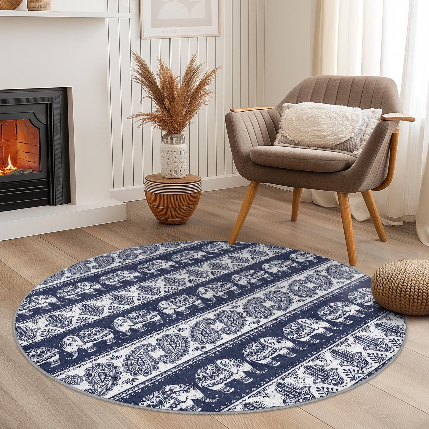 Elegant Elephant Round Area Rug, Bohemian Elephant Carpet, Indoor Round Rug, Living Room Decor, Bedroom Round Mat