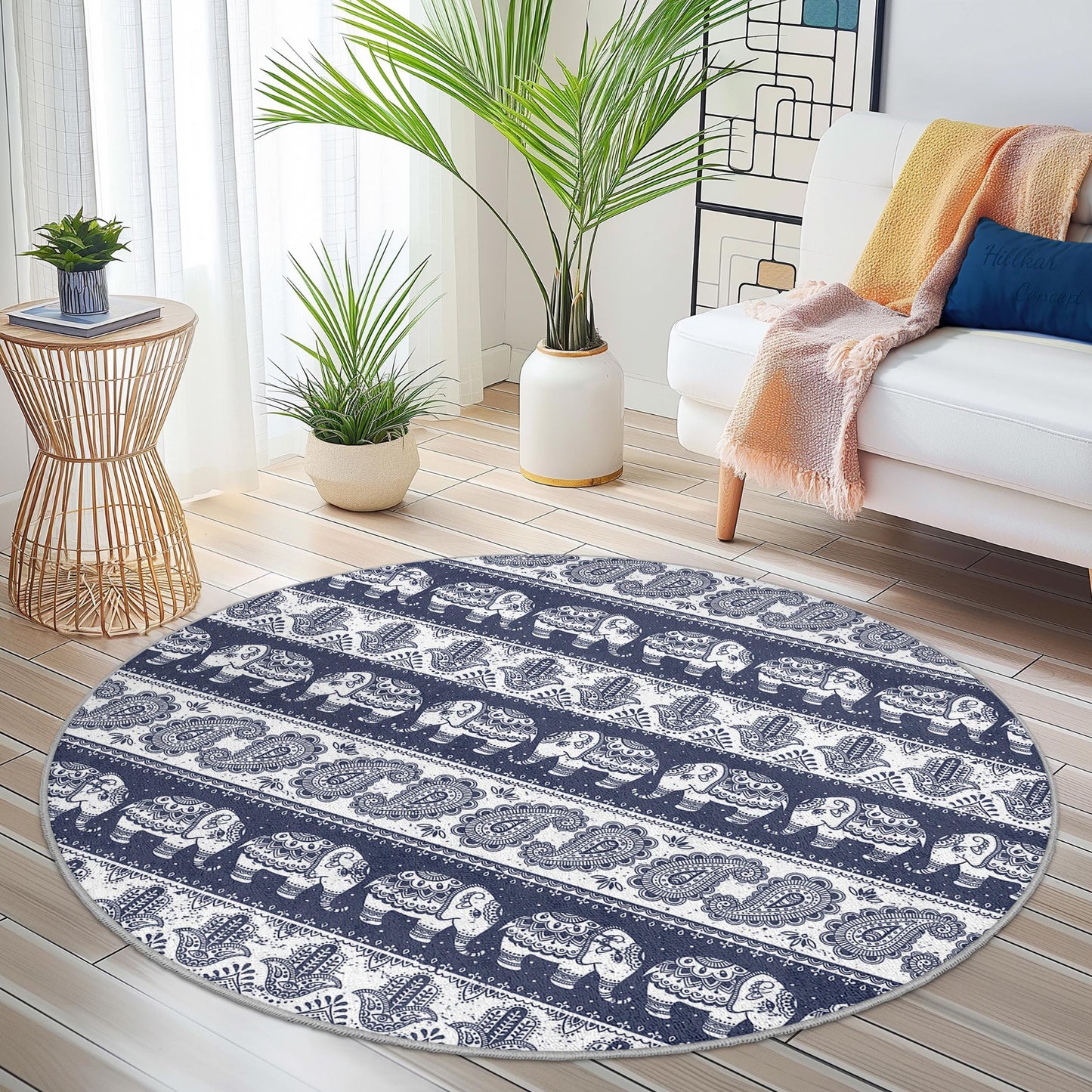 Elegant Elephant Round Area Rug, Bohemian Elephant Carpet, Indoor Round Rug, Living Room Decor, Bedroom Round Mat
