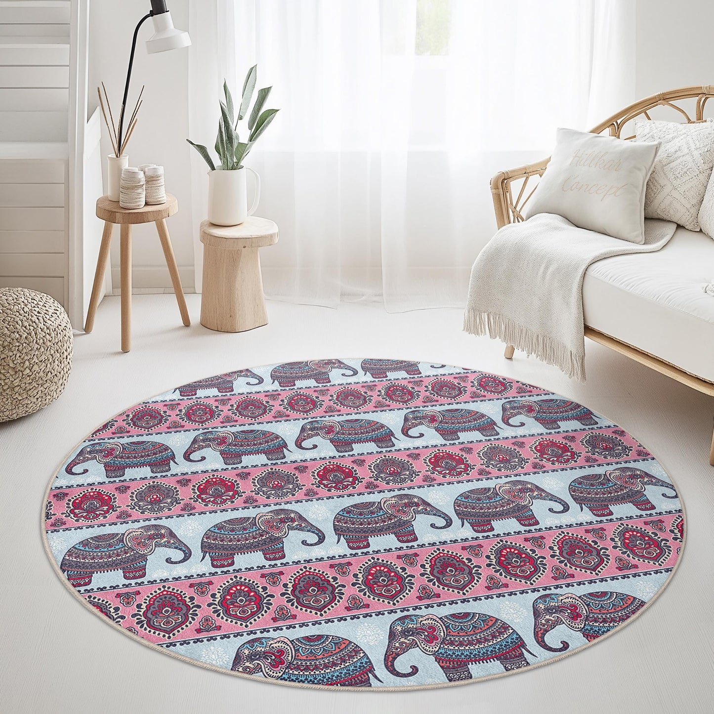 Elephant Pattern Round Area Rug, Bohemian Elephant Rug, Decorative Round Carpet for Living Room, Nursery, or Kids Room