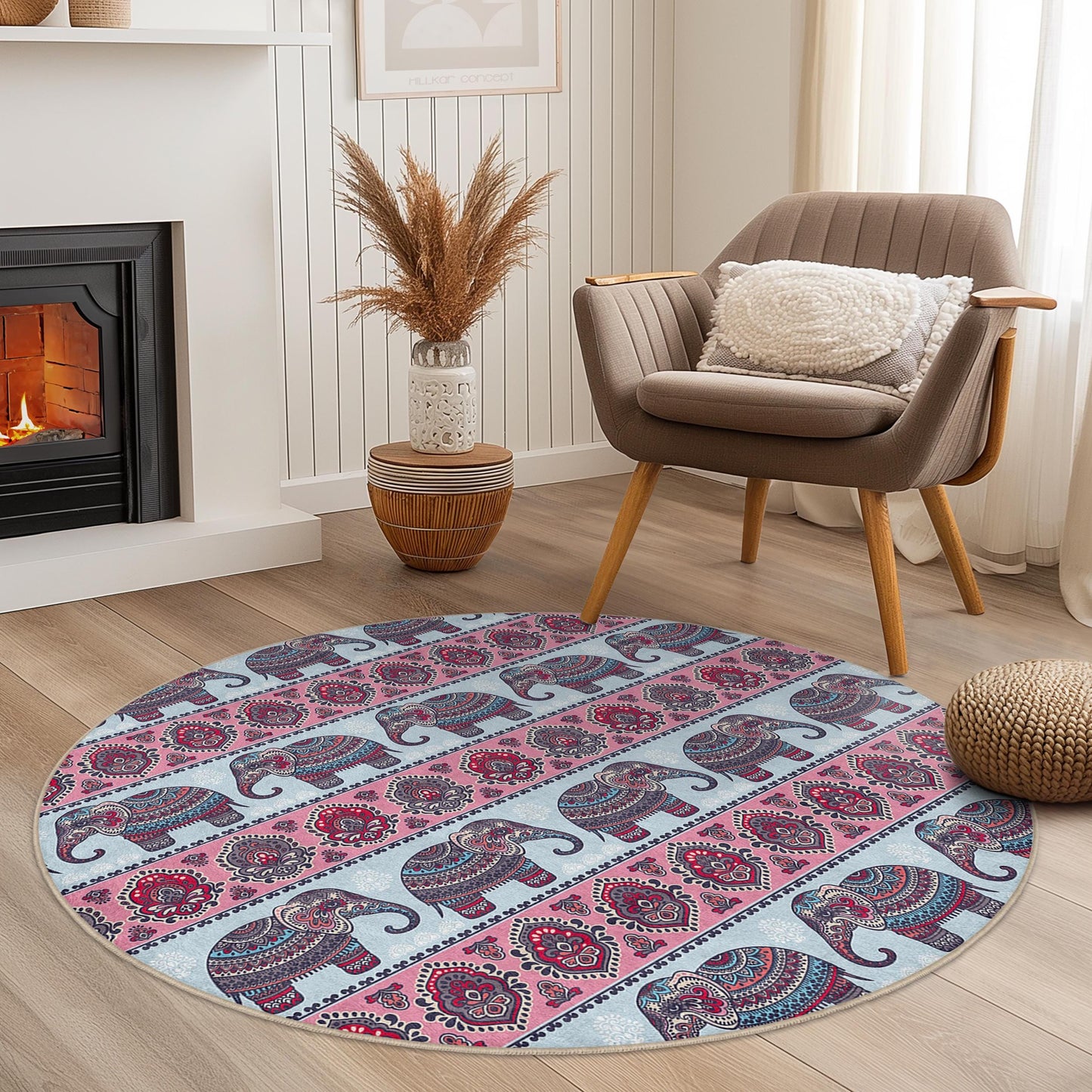 Elephant Pattern Round Area Rug, Bohemian Elephant Rug, Decorative Round Carpet for Living Room, Nursery, or Kids Room