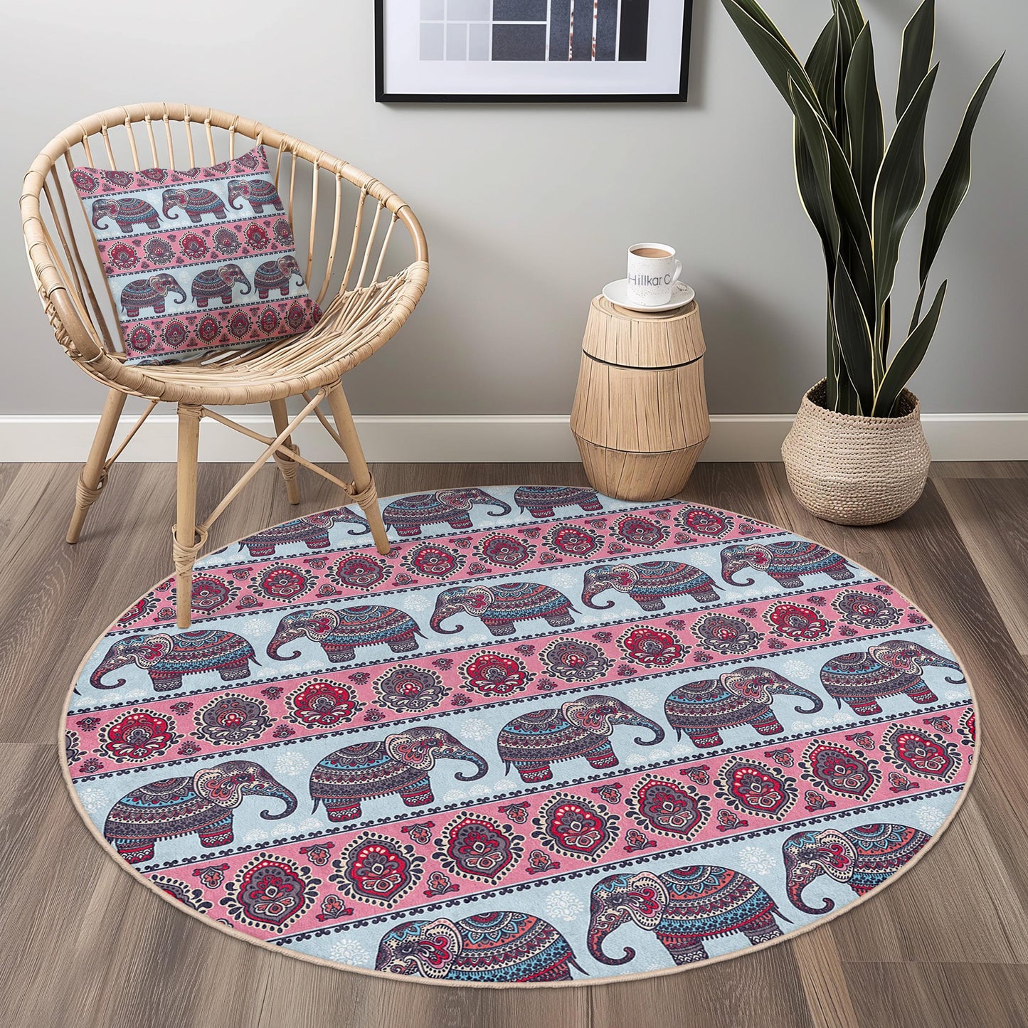 Elephant Pattern Round Area Rug, Bohemian Elephant Rug, Decorative Round Carpet for Living Room, Nursery, or Kids Room