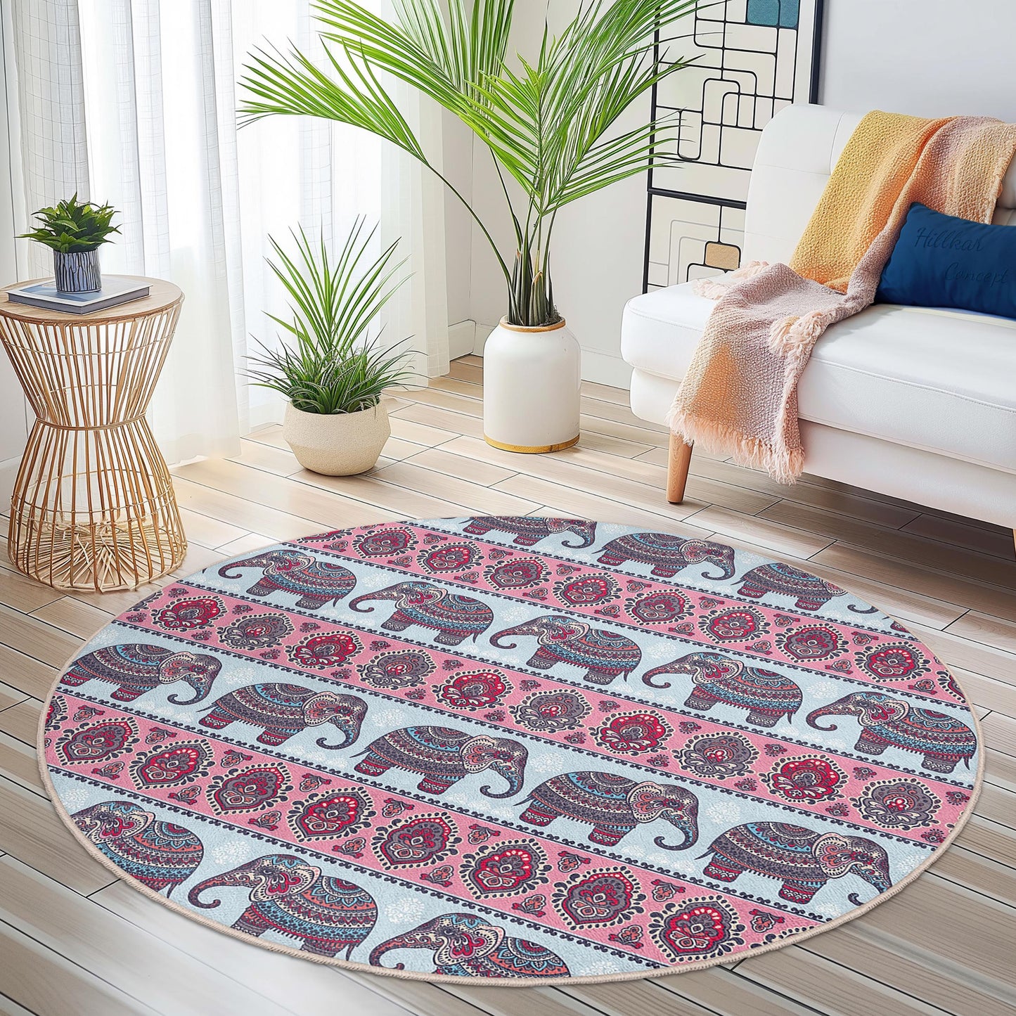 Elephant Pattern Round Area Rug, Bohemian Elephant Rug, Decorative Round Carpet for Living Room, Nursery, or Kids Room