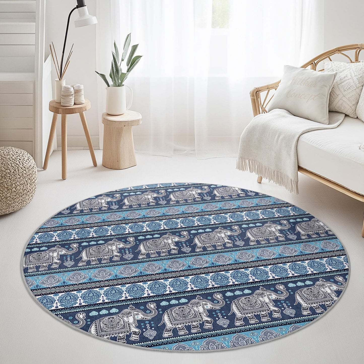 Elephant Pattern Round Area Rug, Bohemian Style Round Carpet, Soft Living Room Rug, Decorative Round Rug, Kids Room Decor