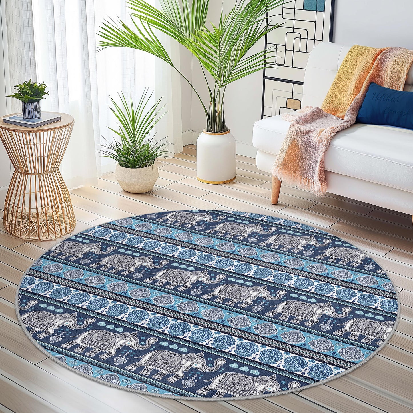 Elephant Pattern Round Area Rug, Bohemian Style Round Carpet, Soft Living Room Rug, Decorative Round Rug, Kids Room Decor