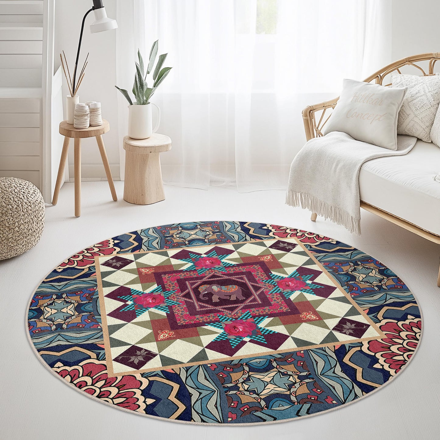 Vibrant Elephant Round Area Rug, Colorful Bohemian Decor, Mandala Style Carpet, Living Room Round Rug, Unique Home Accent