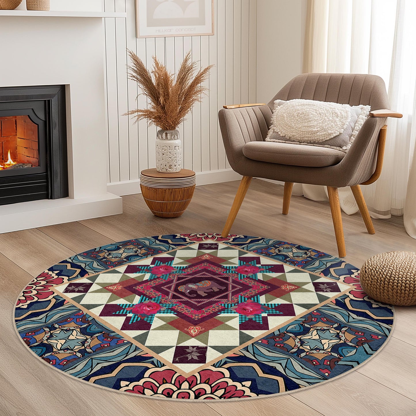 Vibrant Elephant Round Area Rug, Colorful Bohemian Decor, Mandala Style Carpet, Living Room Round Rug, Unique Home Accent