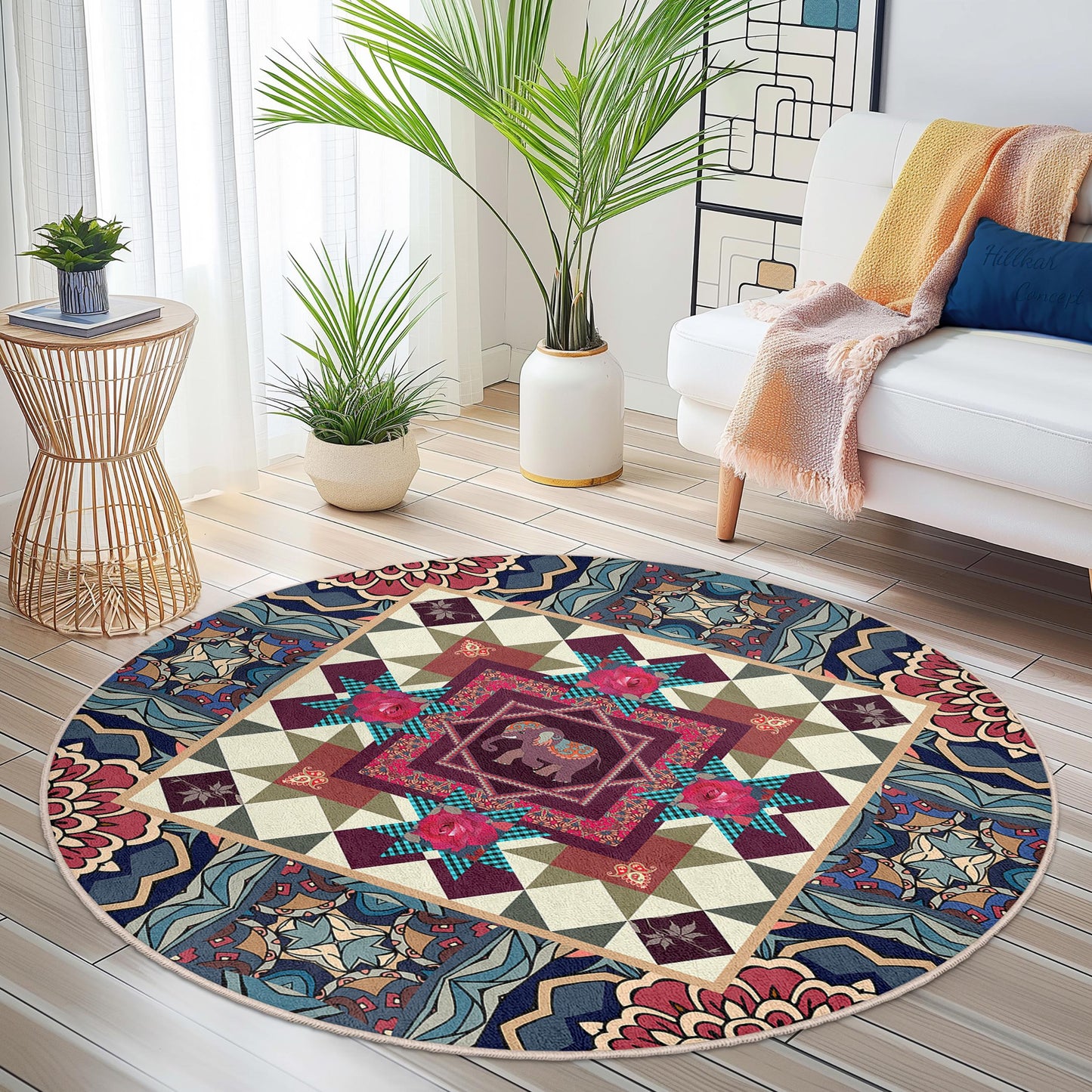 Vibrant Elephant Round Area Rug, Colorful Bohemian Decor, Mandala Style Carpet, Living Room Round Rug, Unique Home Accent