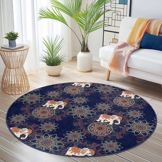Elephant Mandala Round Area Rug, Bohemian Style Round Carpet, Vintage Elephant Rug, Living Room Decor, Unique Home Textile