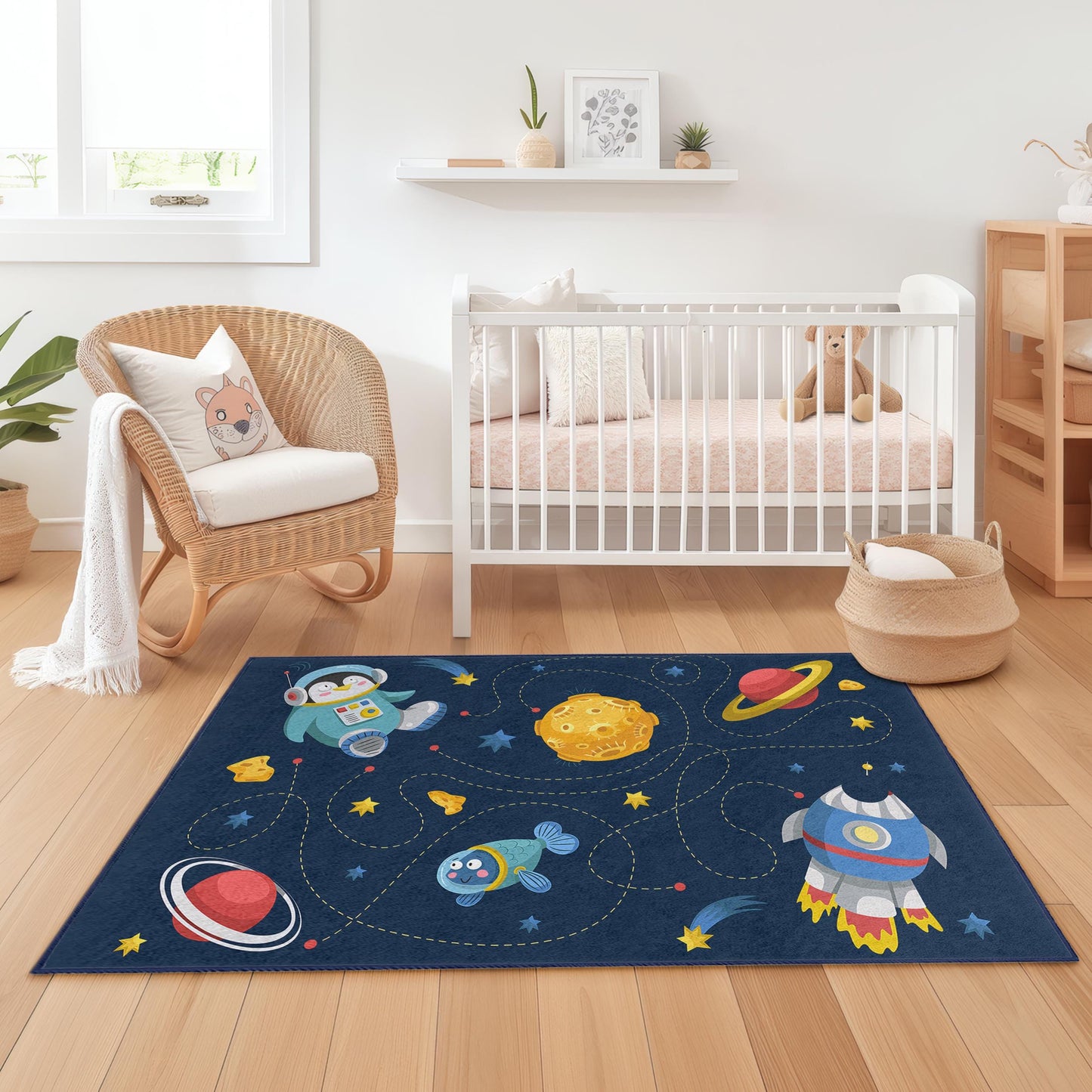 Space Adventure Rectangular Kids Rug, Astronaut and Rocket Themed Carpet, Children Room Decor, Playroom Rug, Galaxy Floor Mat