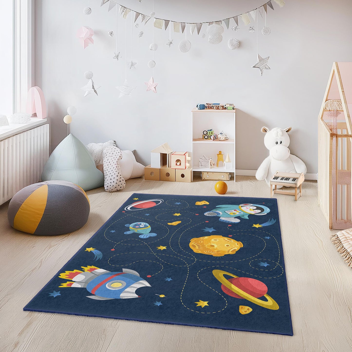 Space Adventure Rectangular Kids Rug, Astronaut and Rocket Themed Carpet, Children Room Decor, Playroom Rug, Galaxy Floor Mat