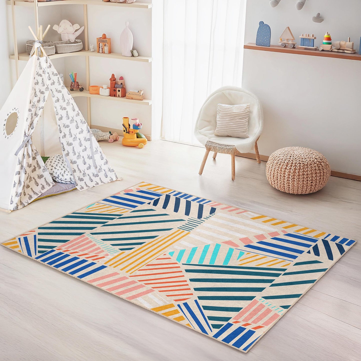 Geometric Striped Kids Rug: Colorful Nursery Play Mat