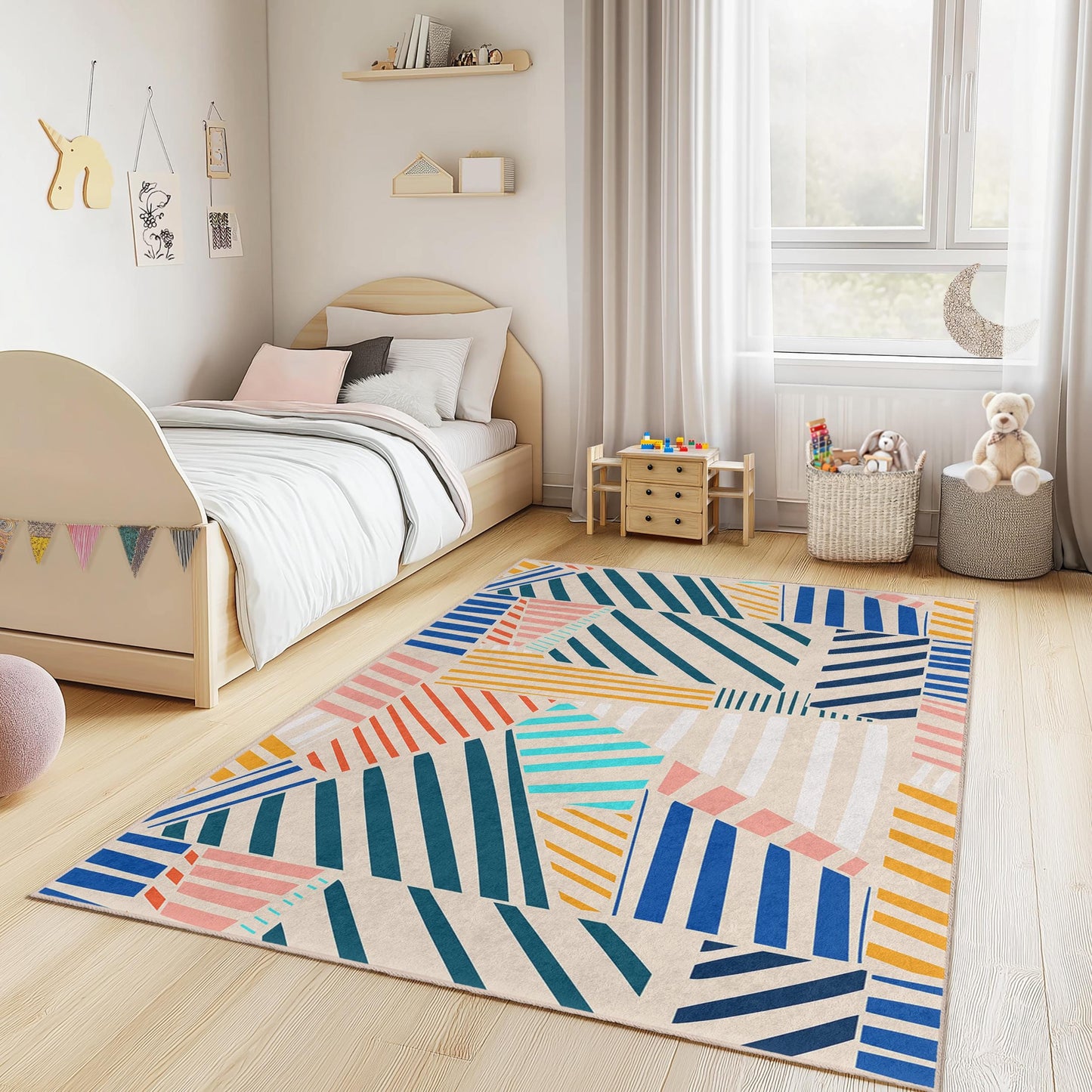Geometric Striped Kids Rug: Colorful Nursery Play Mat