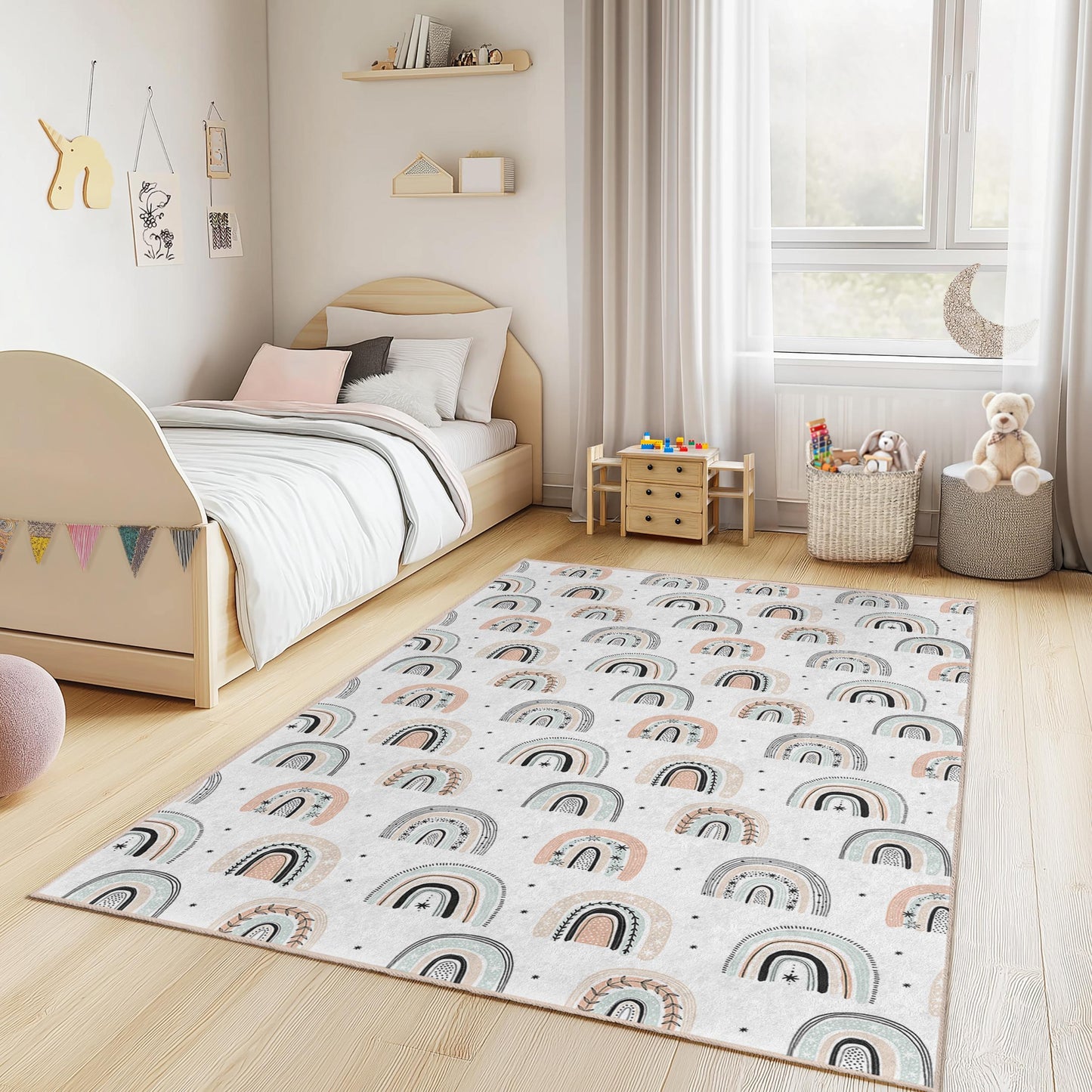 Rainbow Pattern Rectangular Kids Rug, Nursery Decor, Playroom Carpet, Colorful Kids Area Rug, Soft Children's Rug