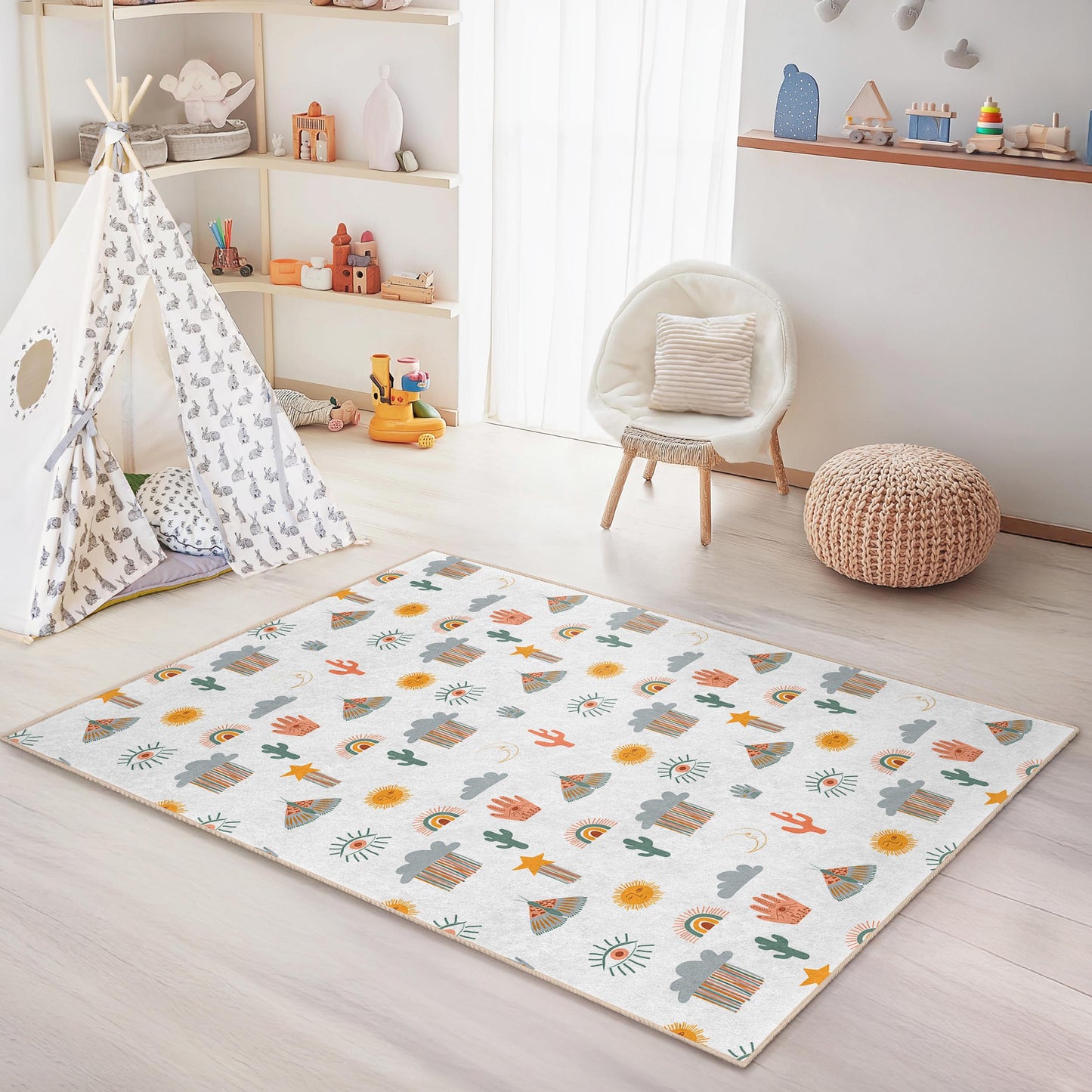 Whimsical Sun and Clouds Rectangular Kids Rug, Colorful Rainbows and Cacti Rug, Fun Nursery Decor, Playroom Carpet, Childrens Room Rug
