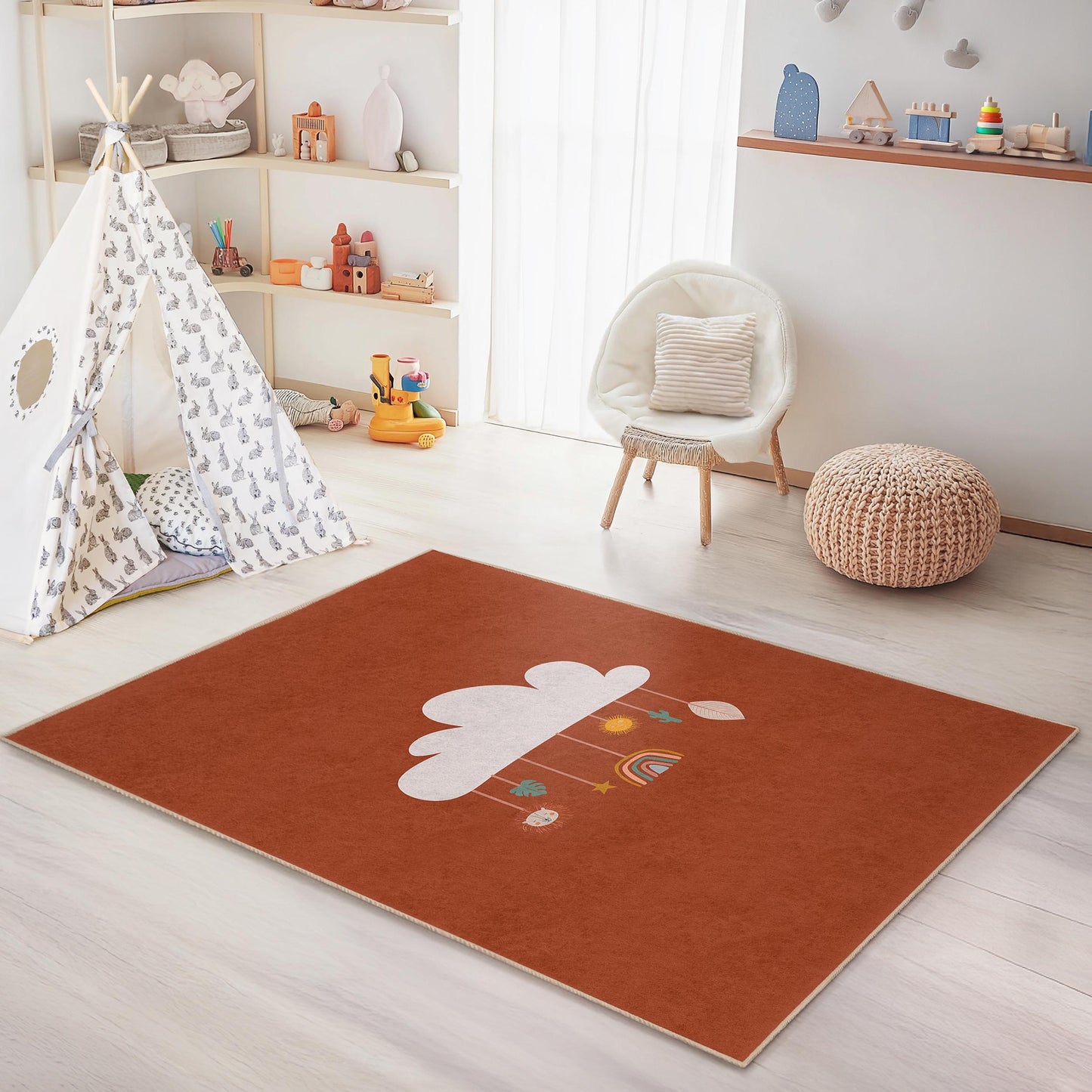 Cloud and Rainbow Kids Rug, Rectangular Playroom Carpet, Nursery Decor, Soft Play Mat for Children's Room, Cozy Toddler Rug