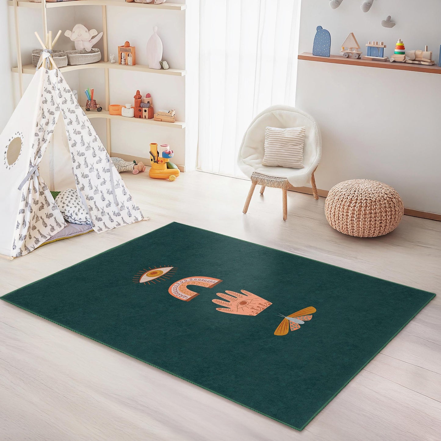 Mystical Eye Pattern Rectangle Rug, Bohemian Kids Room Carpet, Colorful Hand Design, Soft Nursery Rug, Unique Playroom Decor
