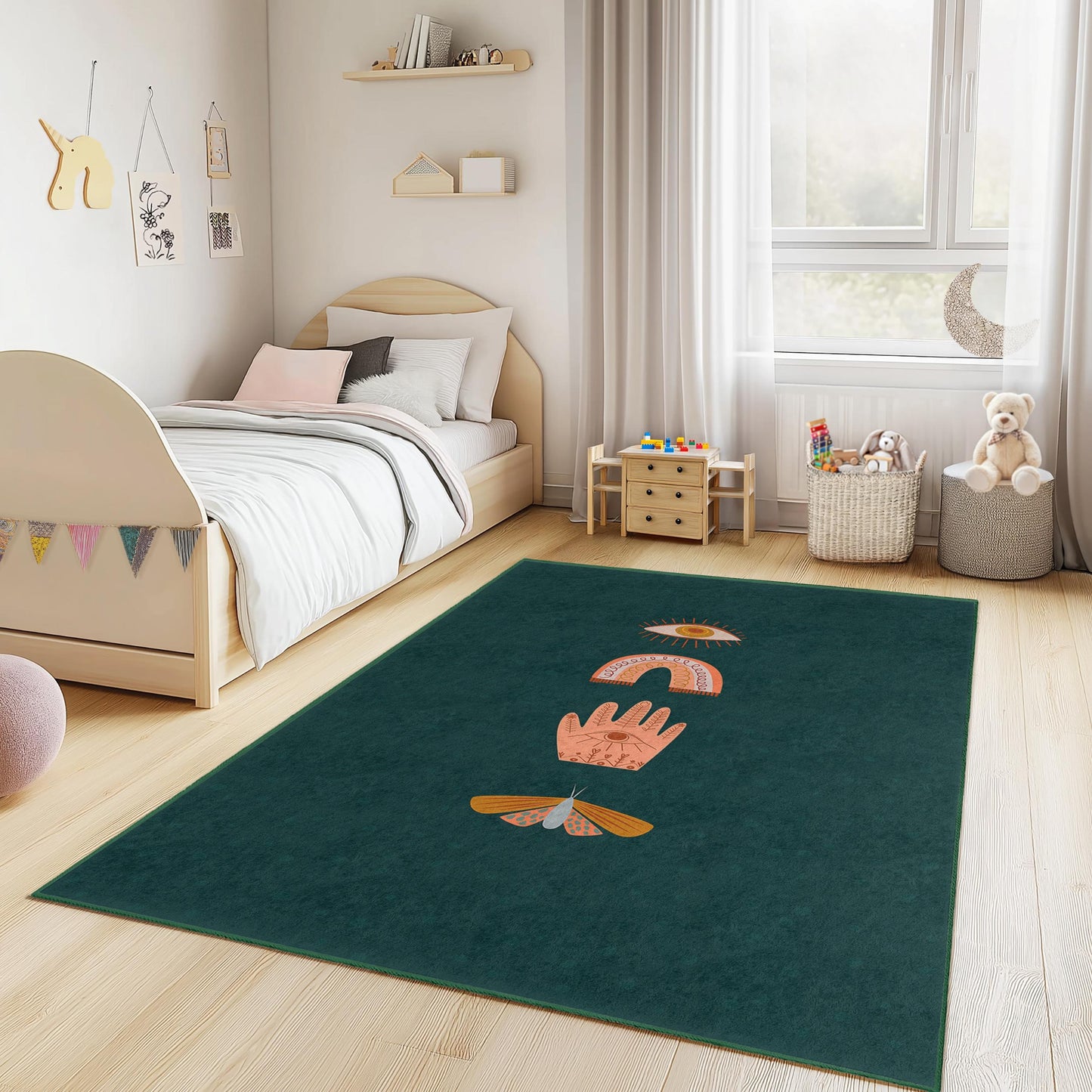 Mystical Eye Pattern Rectangle Rug, Bohemian Kids Room Carpet, Colorful Hand Design, Soft Nursery Rug, Unique Playroom Decor