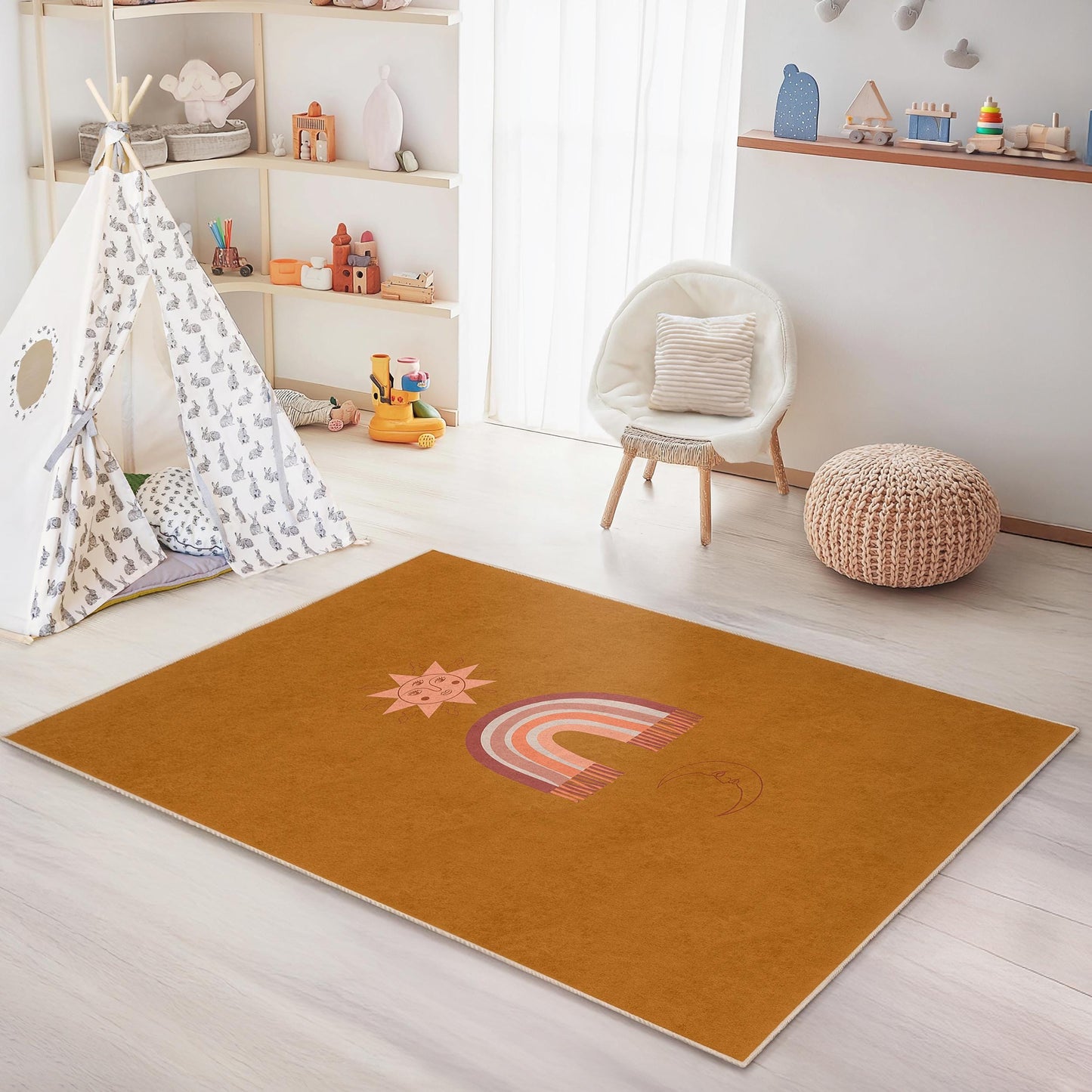 Sun and Rainbow Kids Rug, Boho Decorative Rug, Rectangle Area Rug for Children's Room, Playroom Decor, Nursery Carpet