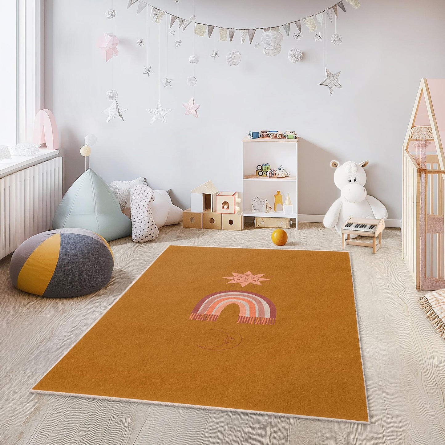 Sun and Rainbow Kids Rug, Boho Decorative Rug, Rectangle Area Rug for Children's Room, Playroom Decor, Nursery Carpet