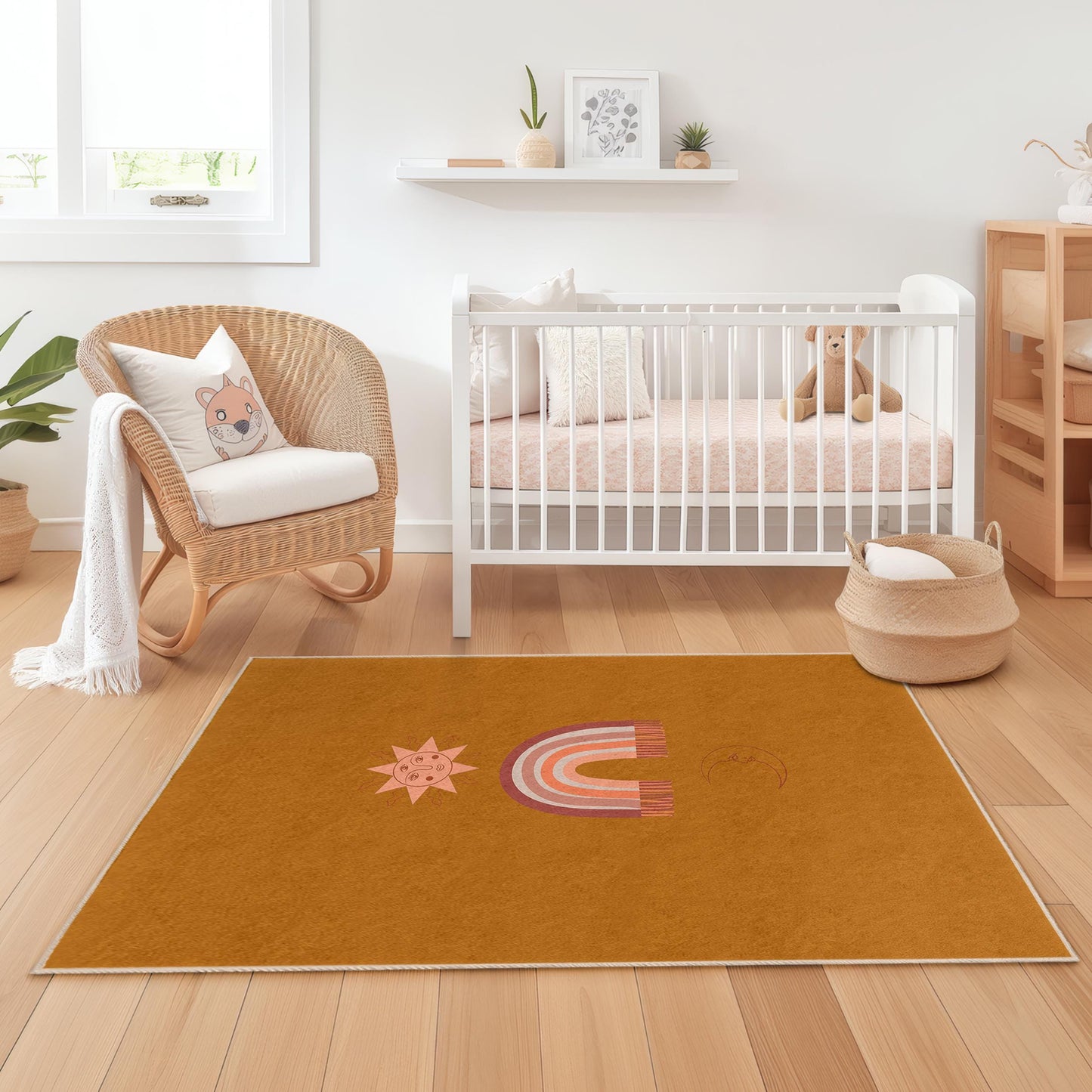 Sun and Rainbow Kids Rug, Boho Decorative Rug, Rectangle Area Rug for Children's Room, Playroom Decor, Nursery Carpet