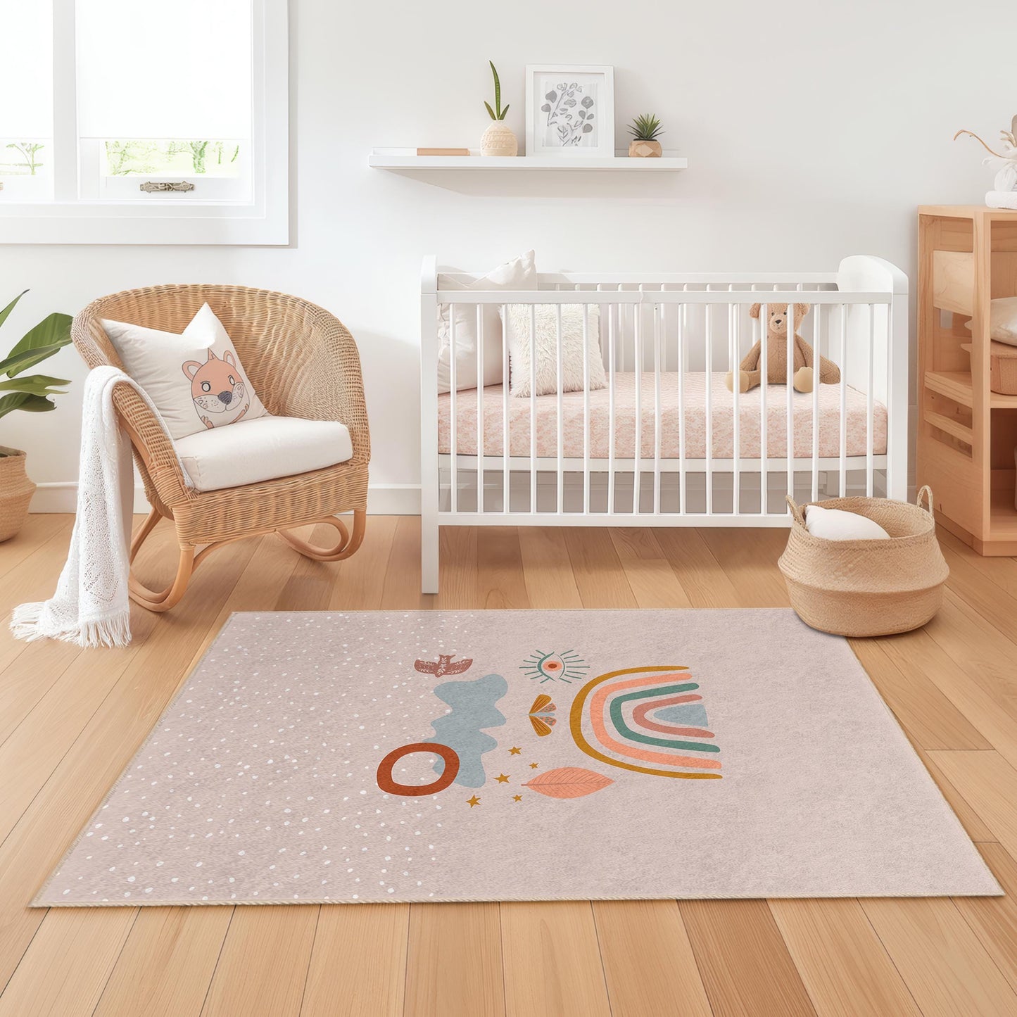Rainbow and Nature Themed Kids Rectangular Rug, Colorful Playroom Decor, Soft Nursery Carpet, Childrens Room Rug, Unique Kids Rug