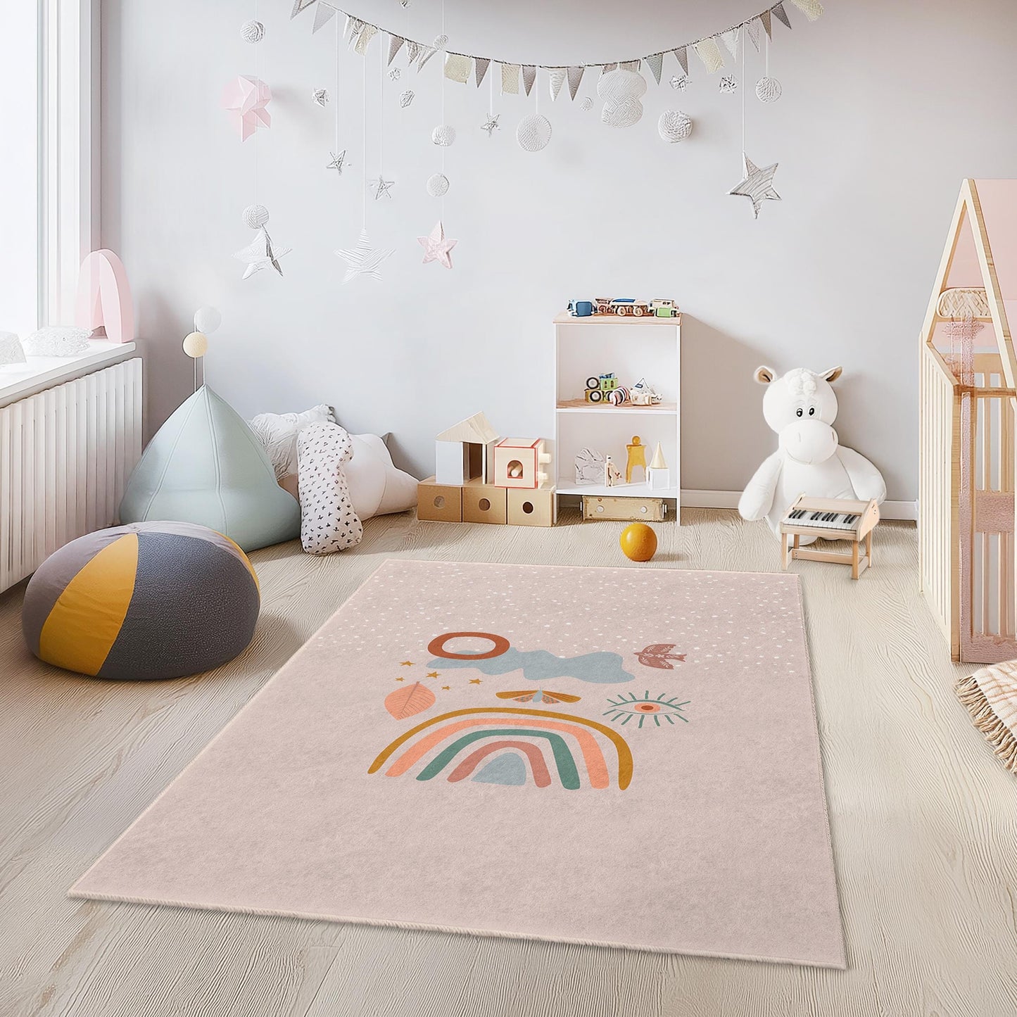Rainbow and Nature Themed Kids Rectangular Rug, Colorful Playroom Decor, Soft Nursery Carpet, Childrens Room Rug, Unique Kids Rug