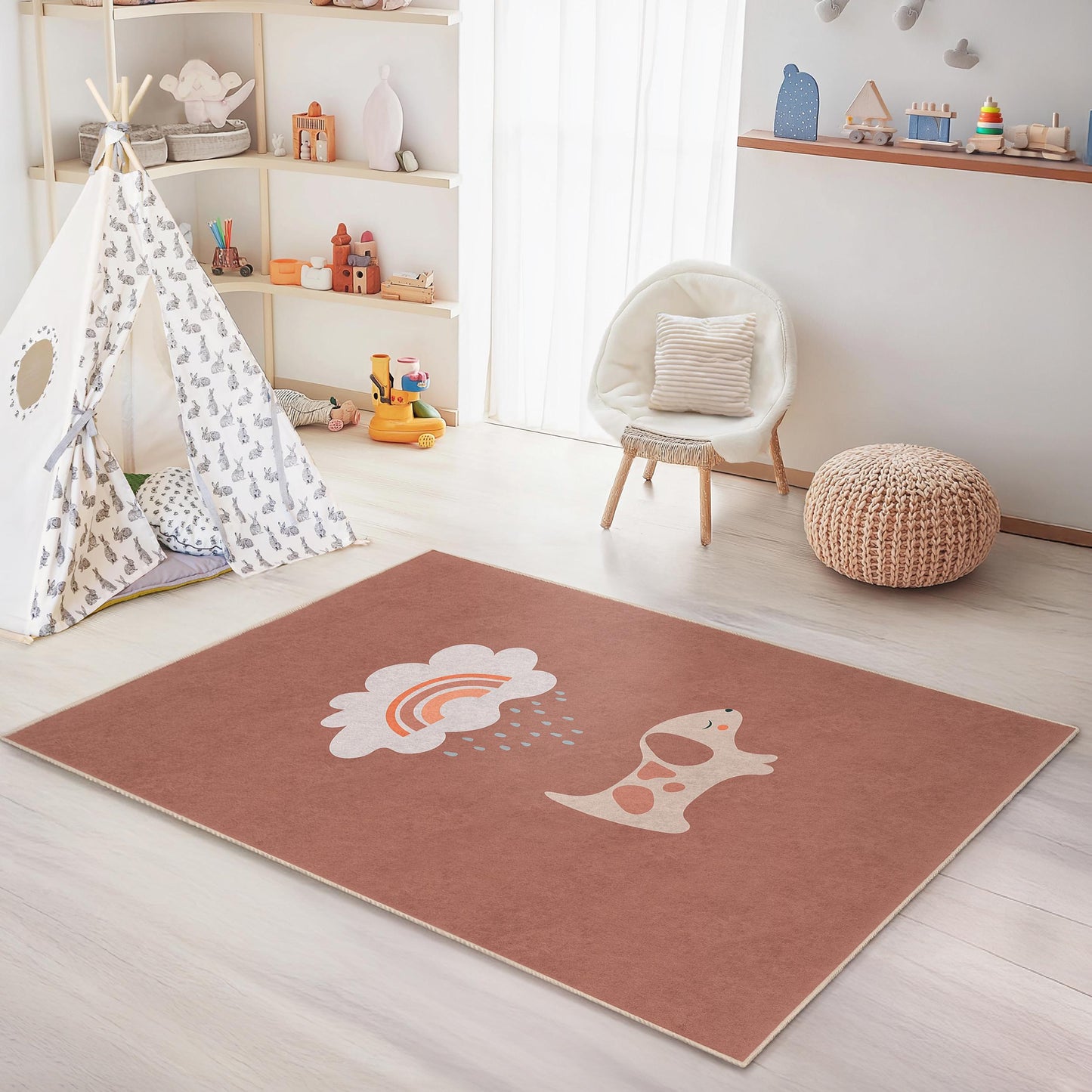 Cute Dog and Rainbow Pattern Rug, Kids Room Rectangle Rug, Playroom Decor, Nursery Carpet, Soft Pet Design for Children