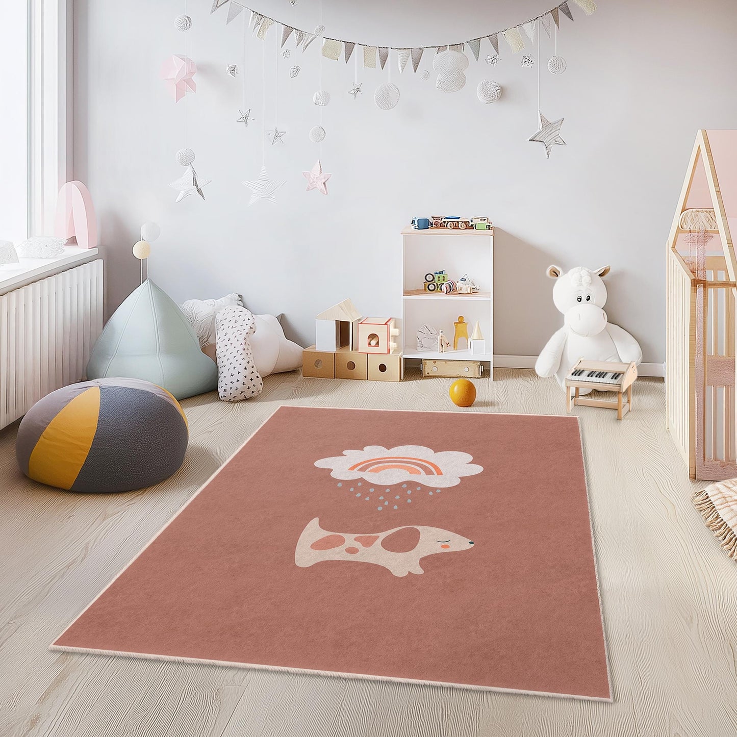 Cute Dog and Rainbow Pattern Rug, Kids Room Rectangle Rug, Playroom Decor, Nursery Carpet, Soft Pet Design for Children