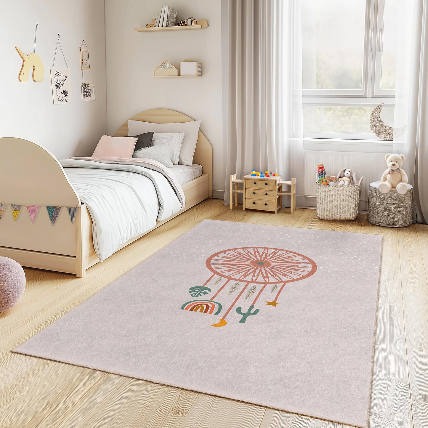 Dream Catcher Design Rectangular Kids Rug, Cute Nursery Carpet, Boho Playroom Decor, Soft Child's Rug for Bedroom