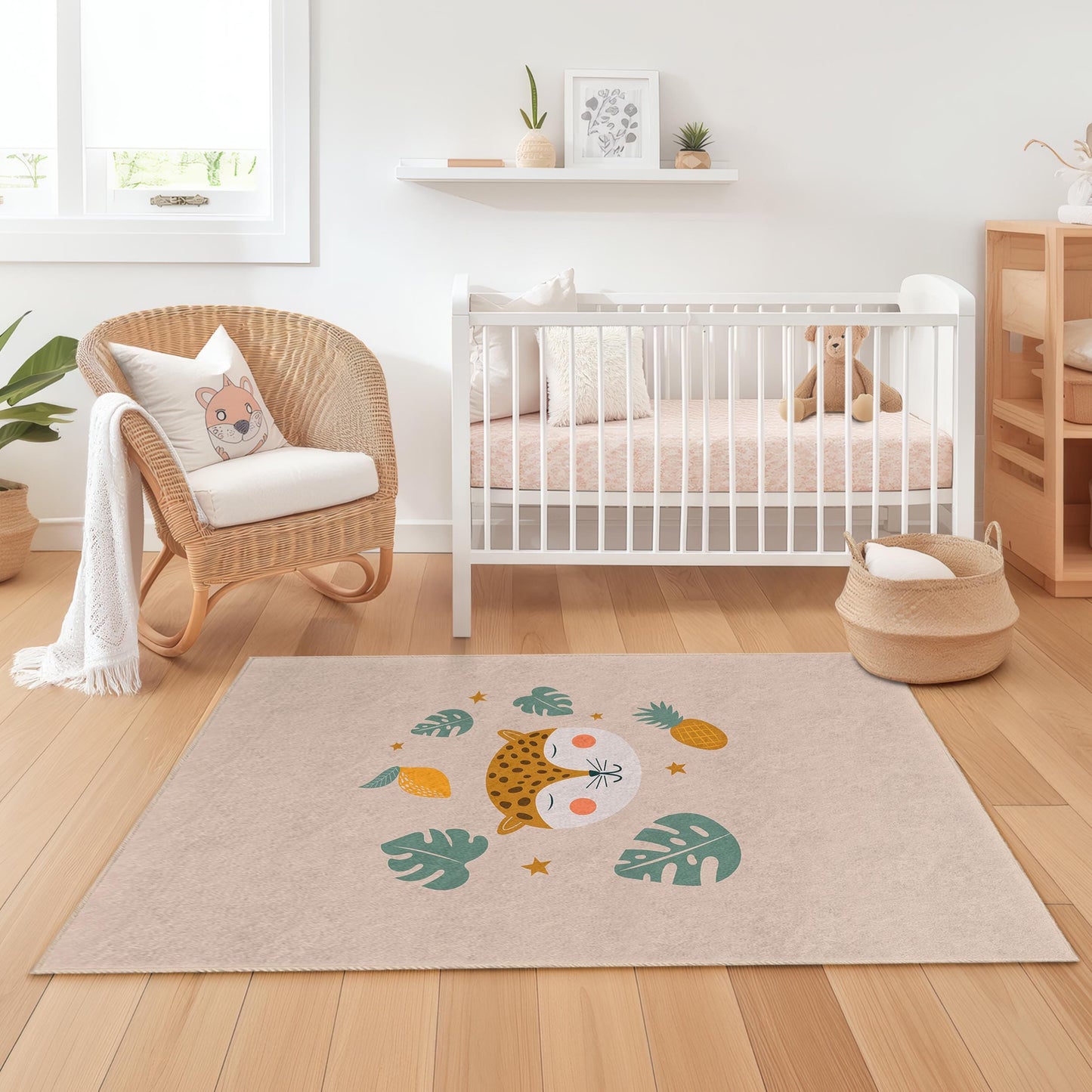 Cute Leopard Face Kids Rug, Animal Themed Rectangular Rug, Nursery Decor, Playroom Carpet, Soft Kids Room Mat