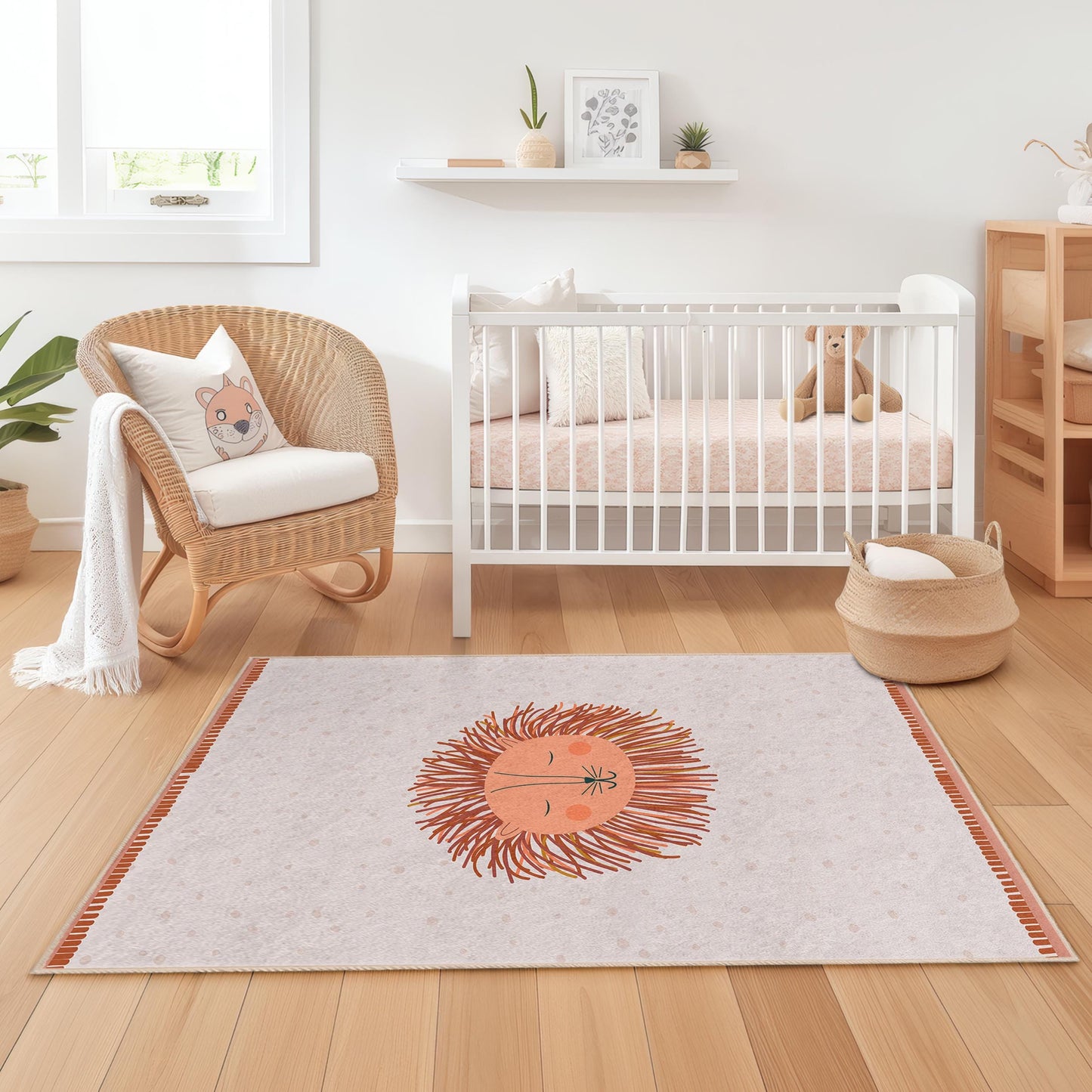 Cute Lion Design Kids Room Rectangular Rug, Playful Nursery Carpet, Soft Children's Area Rug for Playroom, Animal Theme Decor