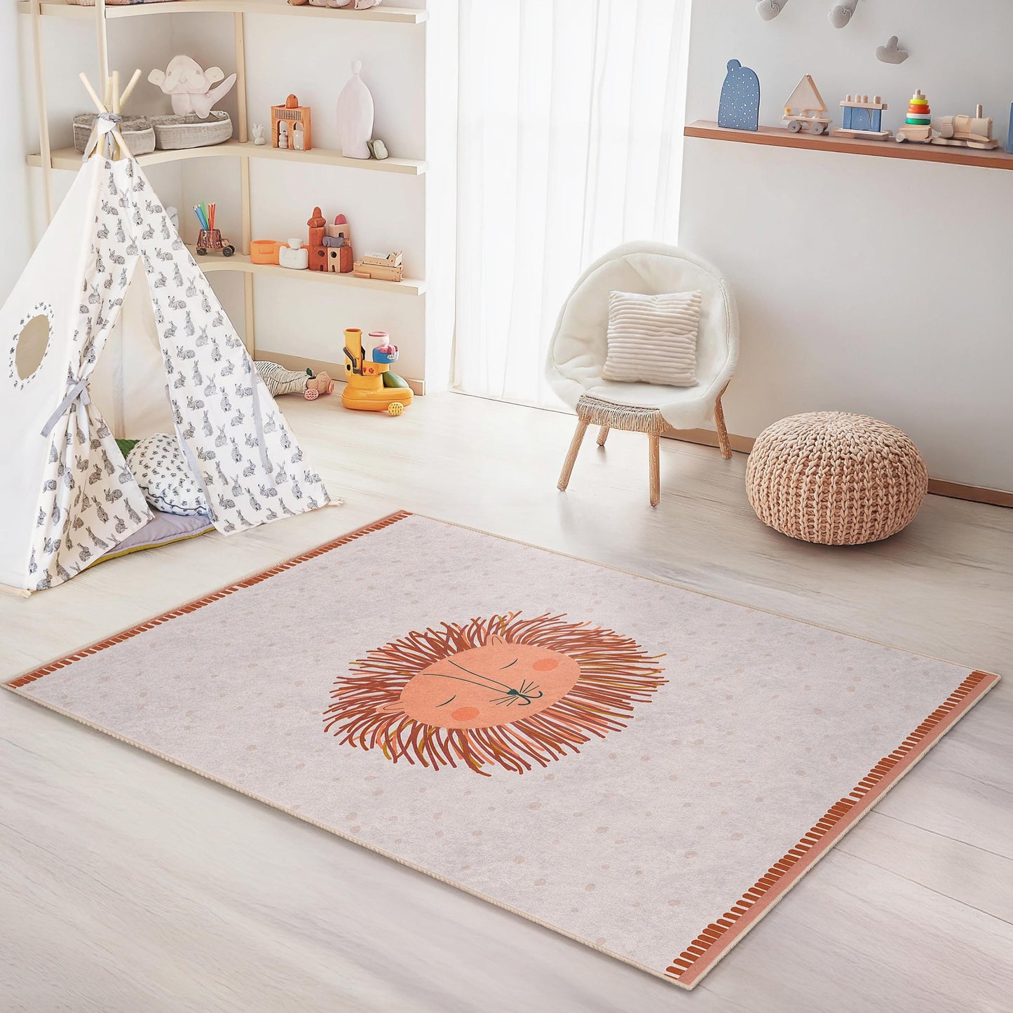 Cute Lion Design Kids Room Rectangular Rug, Playful Nursery Carpet, Soft Children's Area Rug for Playroom, Animal Theme Decor