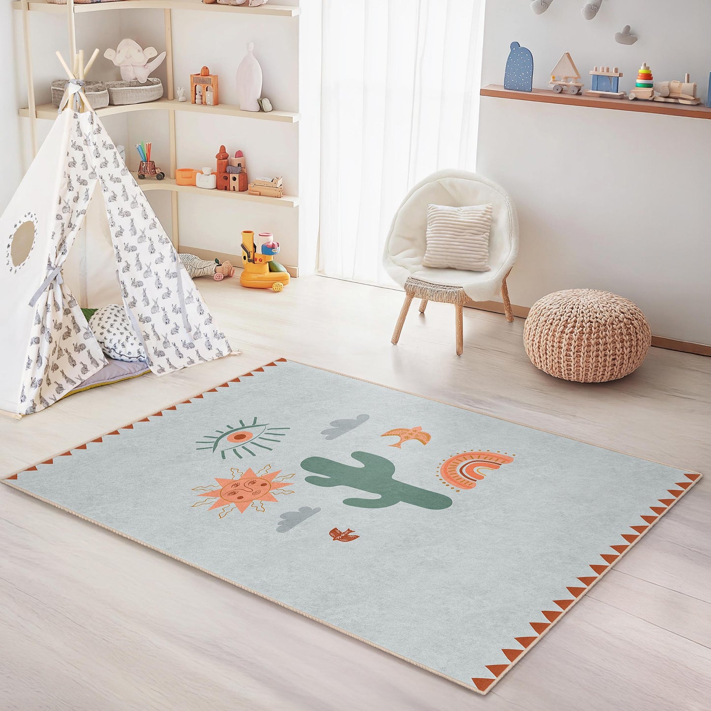 Sunny Desert Themed Kids Rug, Rectangle Rug for Children's Room, Playroom Decor, Boho Style Area Rug, Vibrant Kids Carpet