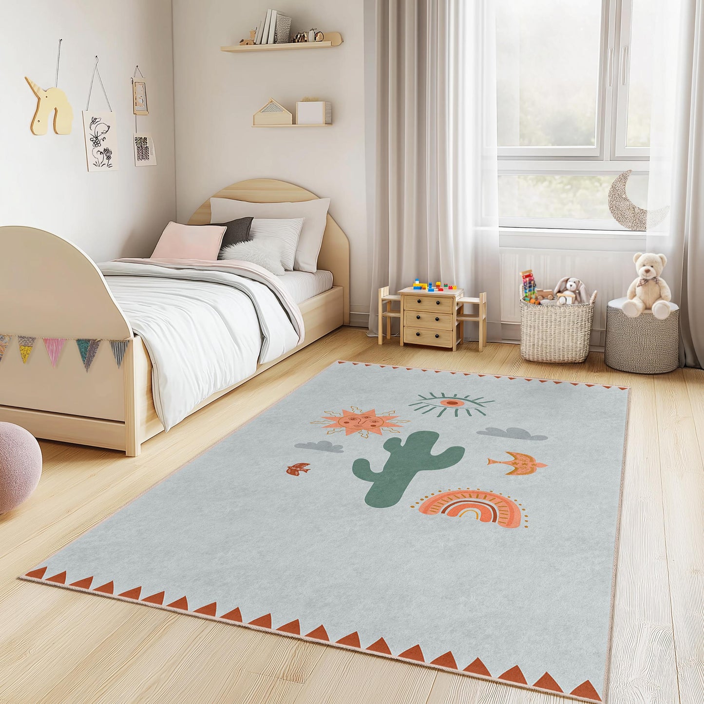Sunny Desert Themed Kids Rug, Rectangle Rug for Children's Room, Playroom Decor, Boho Style Area Rug, Vibrant Kids Carpet