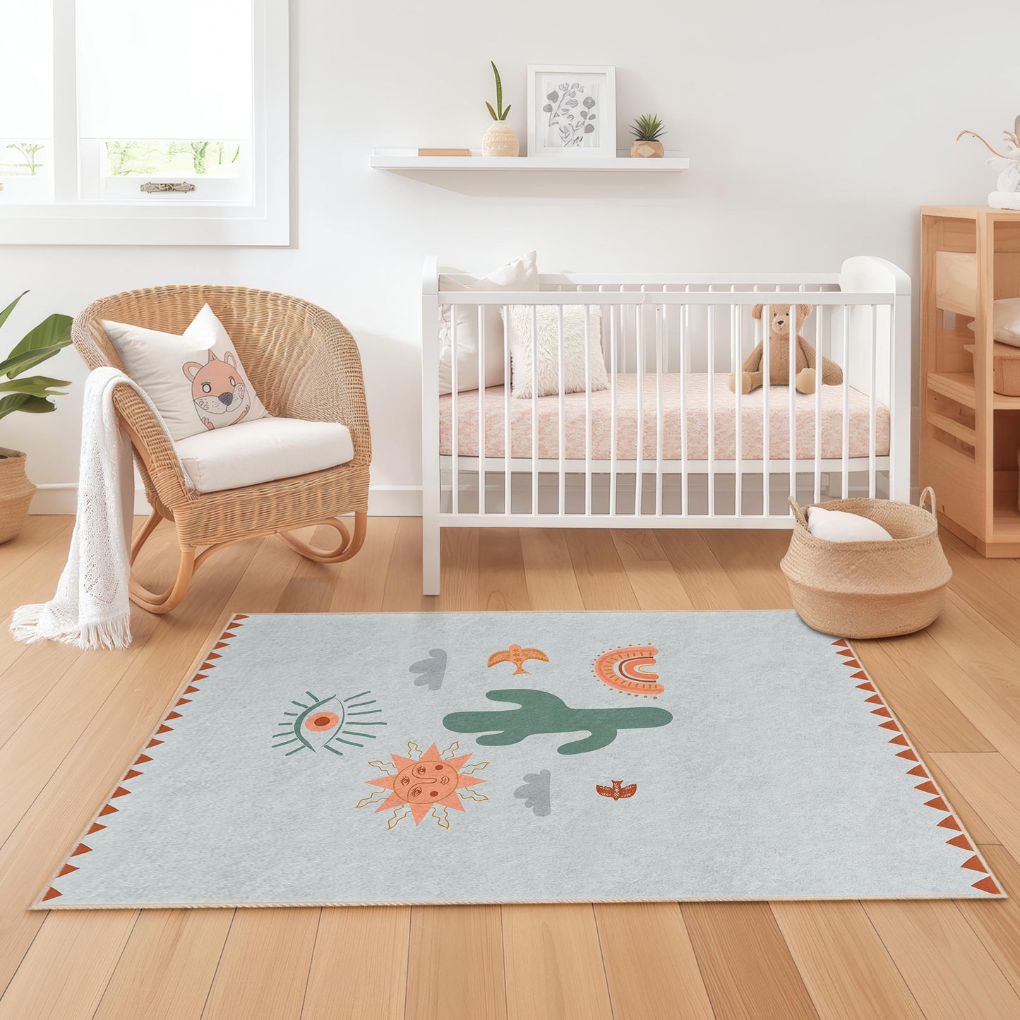 Sunny Desert Themed Kids Rug, Rectangle Rug for Children's Room, Playroom Decor, Boho Style Area Rug, Vibrant Kids Carpet